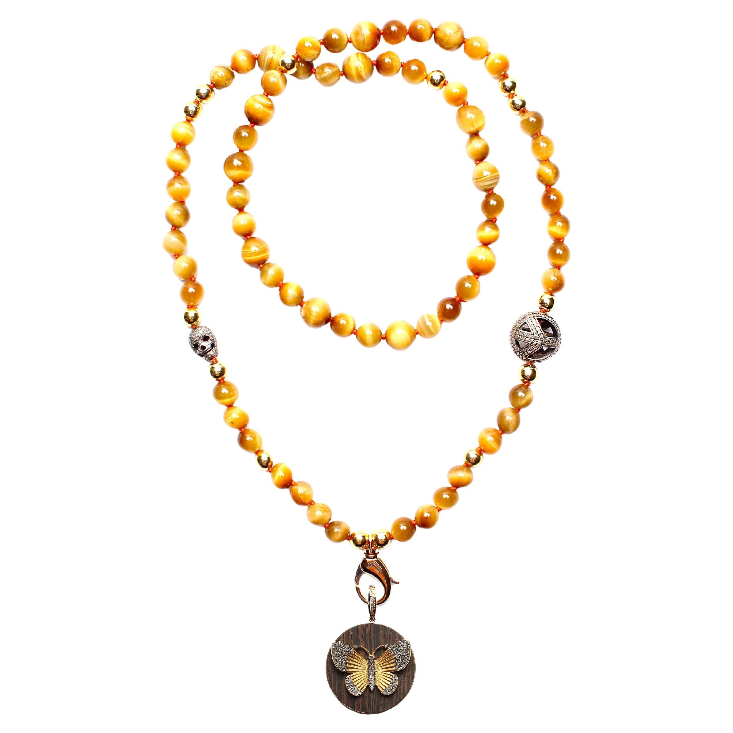 CLARISSA BRONFMAN Tiger Eye Gold Diamond Necklace & Butterfly Gold Ebony Pendant For Sale