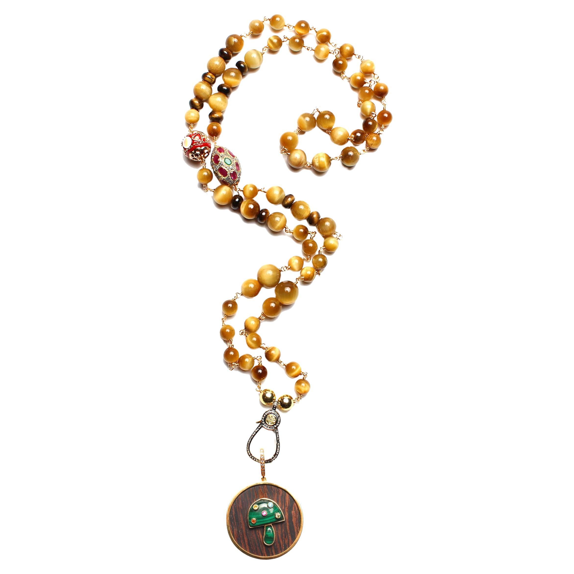 CLARISSA BRONFMAN Tiger Eye Gold Emerald Ruby Ebony Gold Mushroom Rosary Necklac For Sale