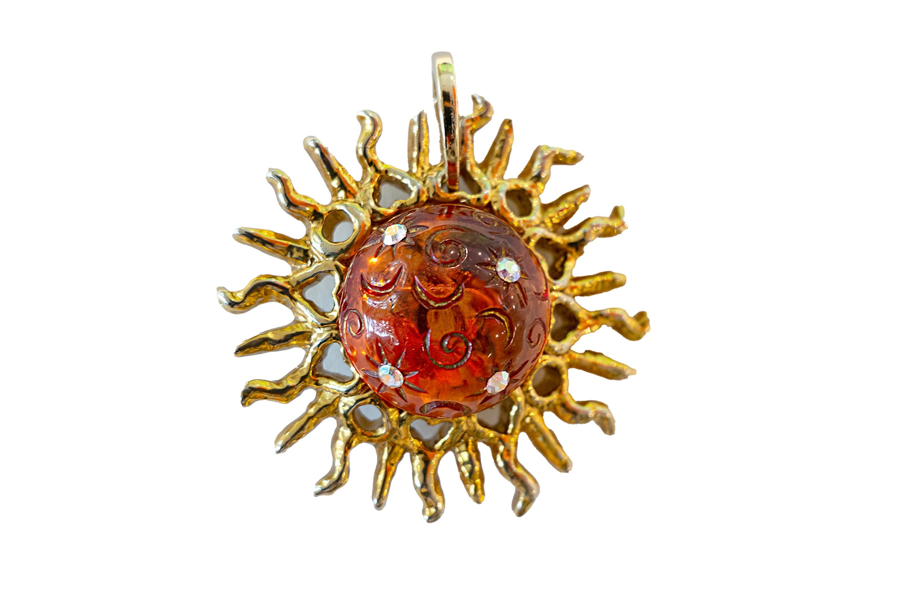 Contemporary CLARISSA BRONFMAN Tiger's Eye 14k Gold Amber Diamond Sun Pendant Beaded Necklace For Sale