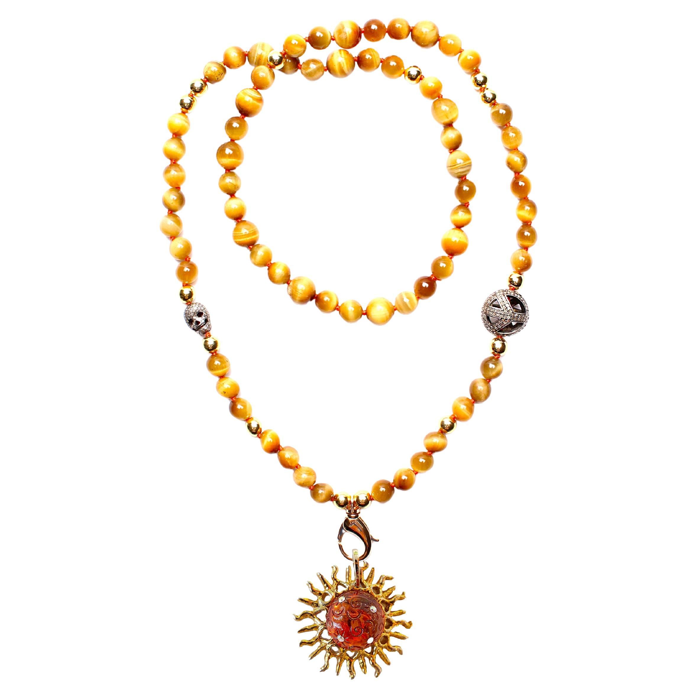 CLARISSA BRONFMAN Tiger's Eye 14k Gold Amber Diamond Sun Pendant Beaded Necklace For Sale