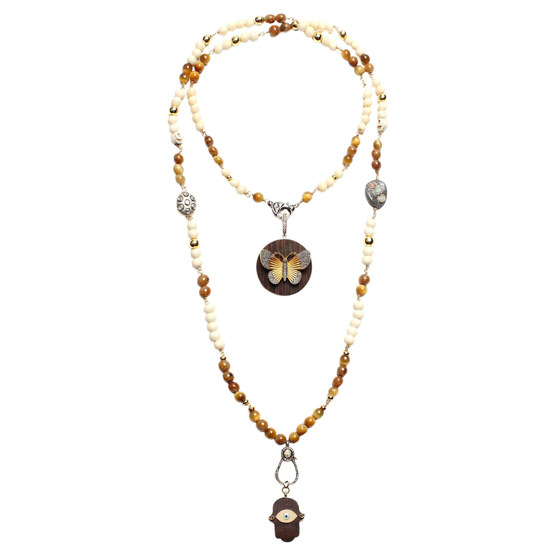 CLARISSA BRONFMAN Tigers Eye Bone "Carmen" Necklace & Ebony Butterfly Hamsa Hand