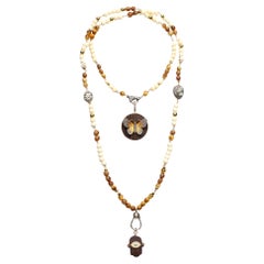 CLARISSA BRONFMAN Tigers Eye Bone "Carmen" Necklace & Ebony Butterfly Hamsa Hand