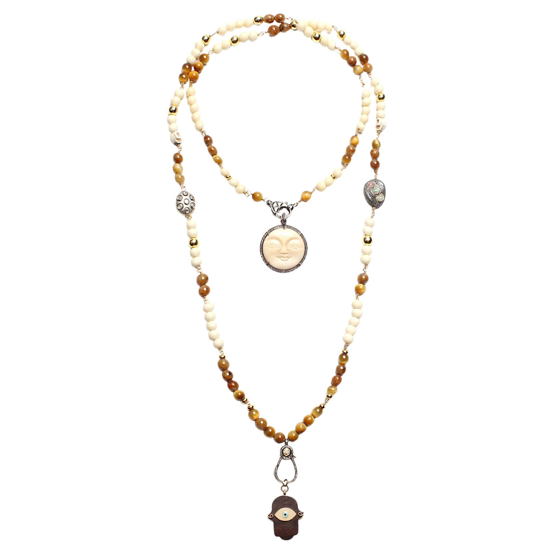 CLARISSA BRONFMAN Tigers Eye Bone Moonstone Diamond "Carmen" Bone Ebony Charms
