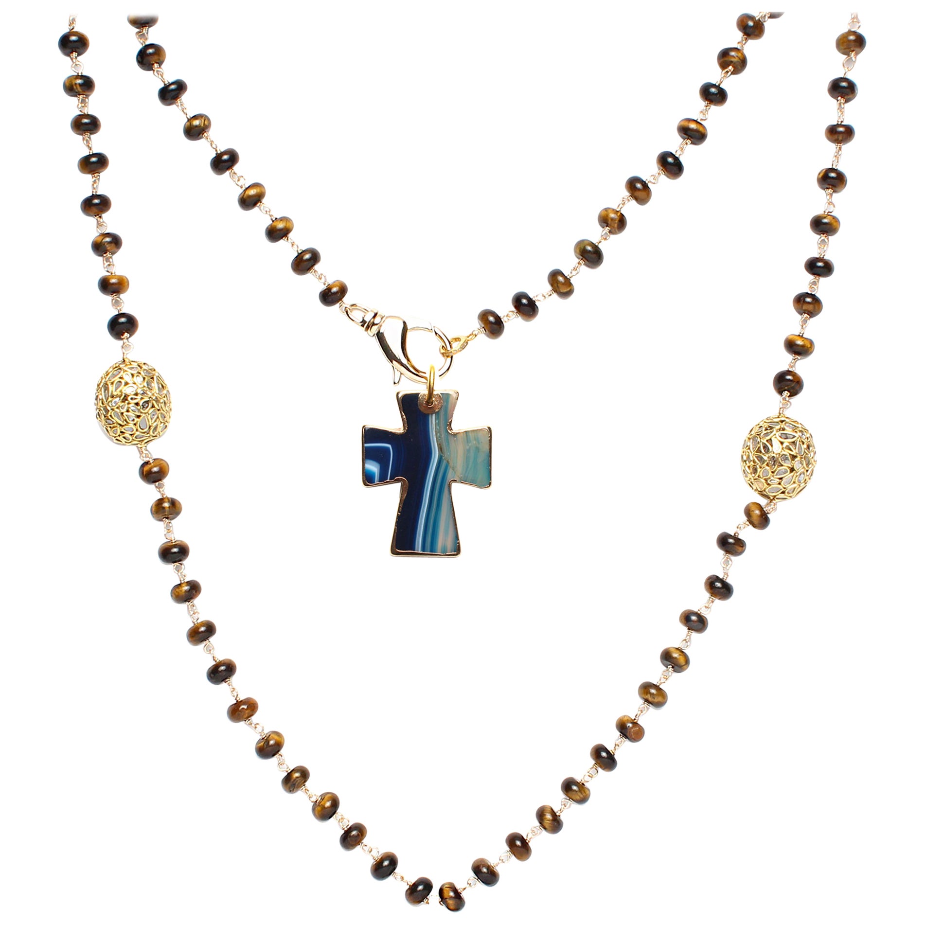 Clarissa Bronfman Tiger's Eye Diamond Gold Beaded Rosary & Blue Agate Cross