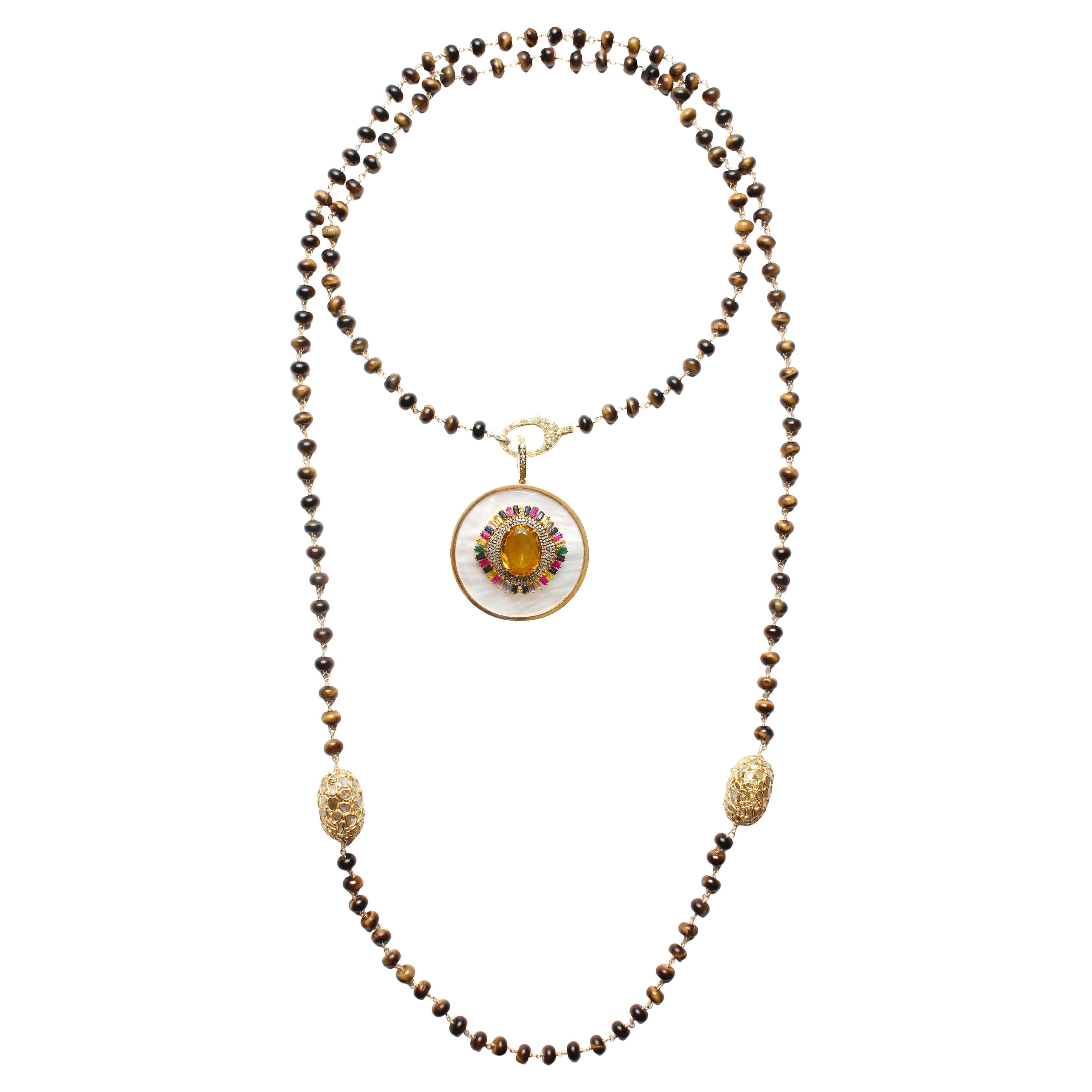 Clarissa Bronfman - Collier Tigers Eye Diamond Gold Carmen Citrine MotherofPearl