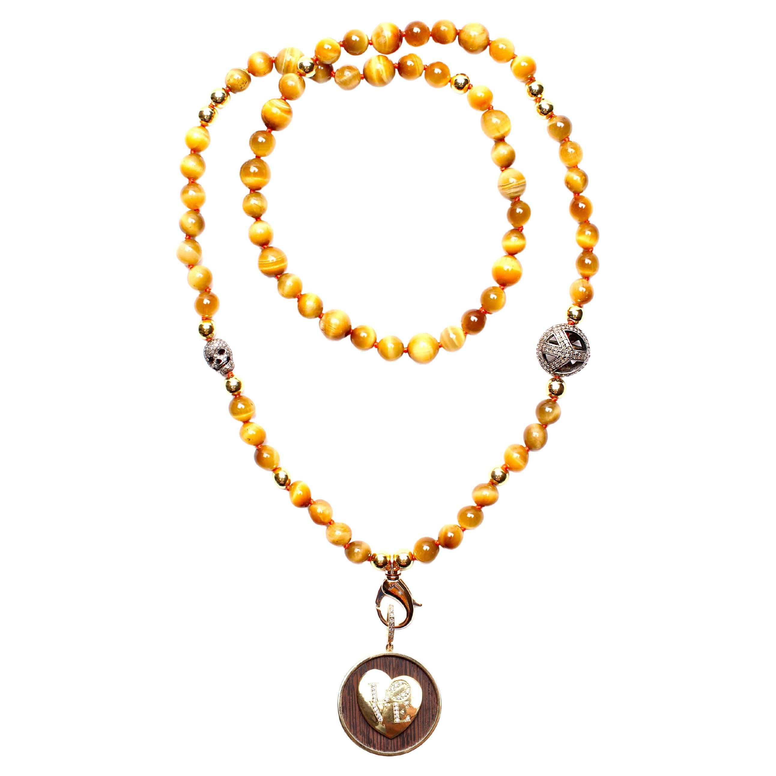 Clarissa Bronfman Tigers Eye Diamond Gold Peace Necklace & Ebony "Love" Pendant For Sale