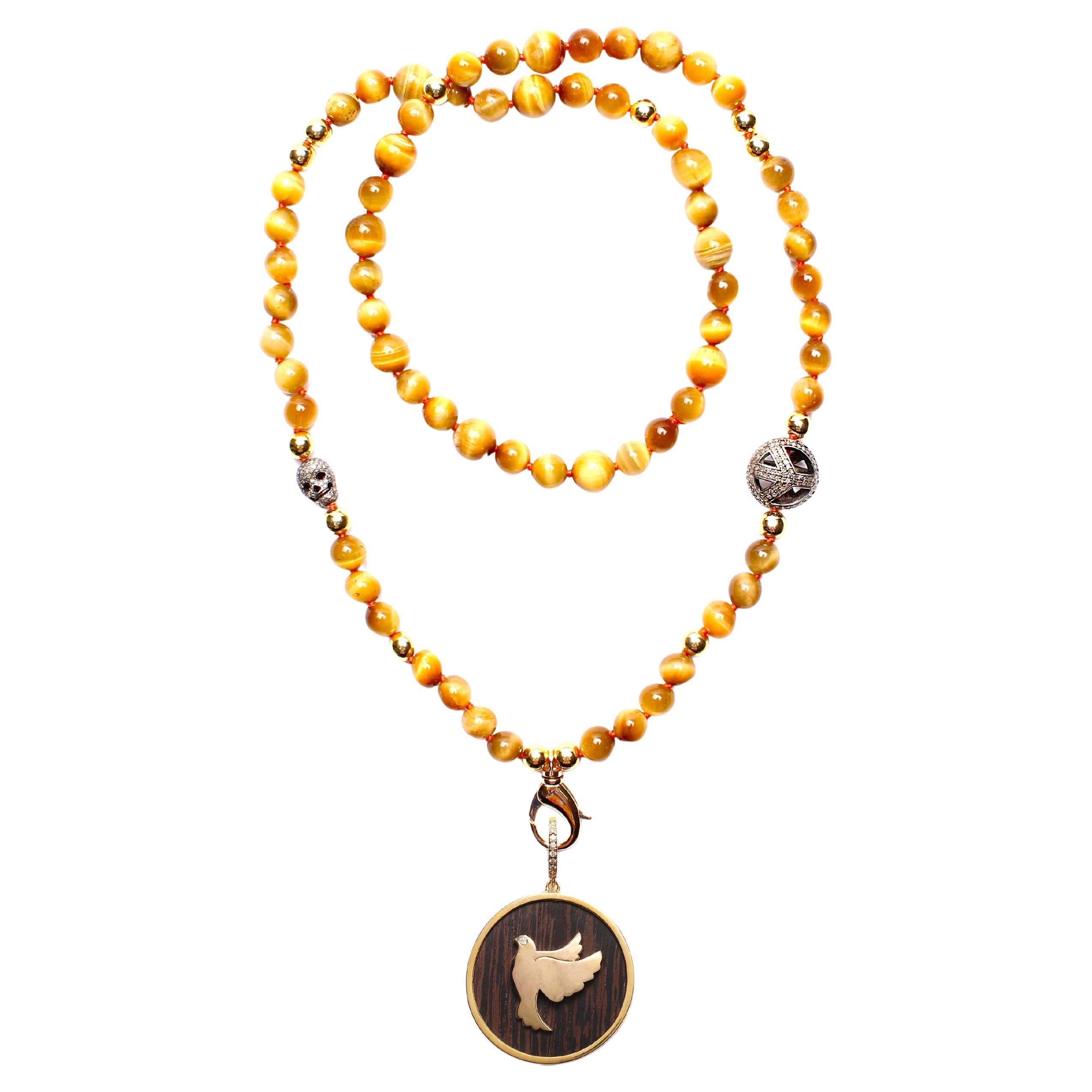 CLARISSA BRONFMAN Collier diamant œil de tigre et pendentif colombe en or ébène en vente