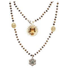 Clarissa Bronfman Tigers Eye Gold Diamond Rosary 14k Gold Topaz Emerald Pendants