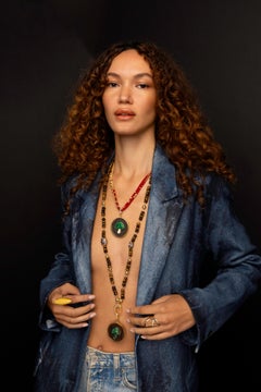 CLARISSA BRONFMAN Tigers Eye Gold Rosary & Ebony Diamond Malachite Charm Pendant