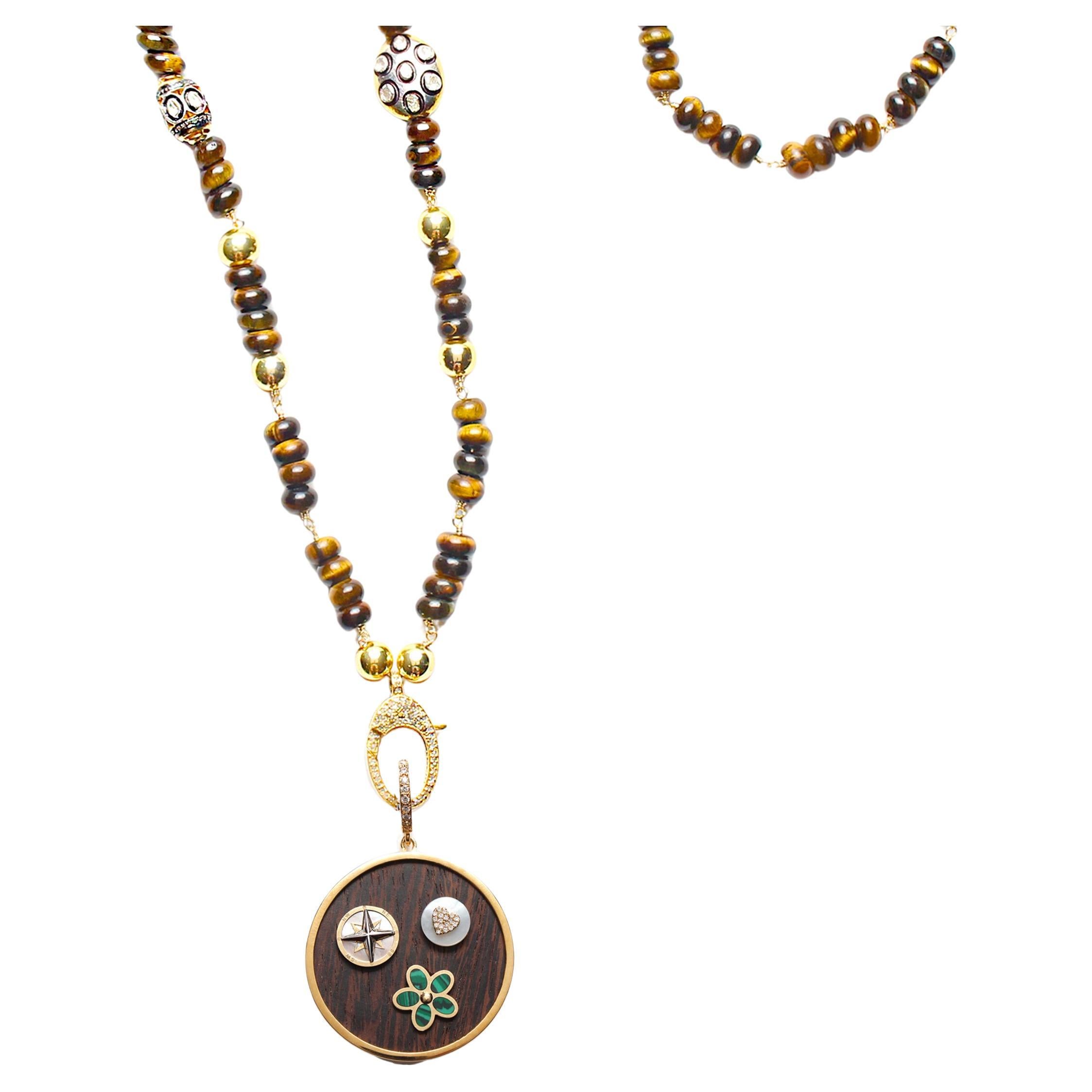 CLARISSA BRONFMAN Tigers Eye Gold Rosary & Ebony Diamond Malachite Charm Pendant