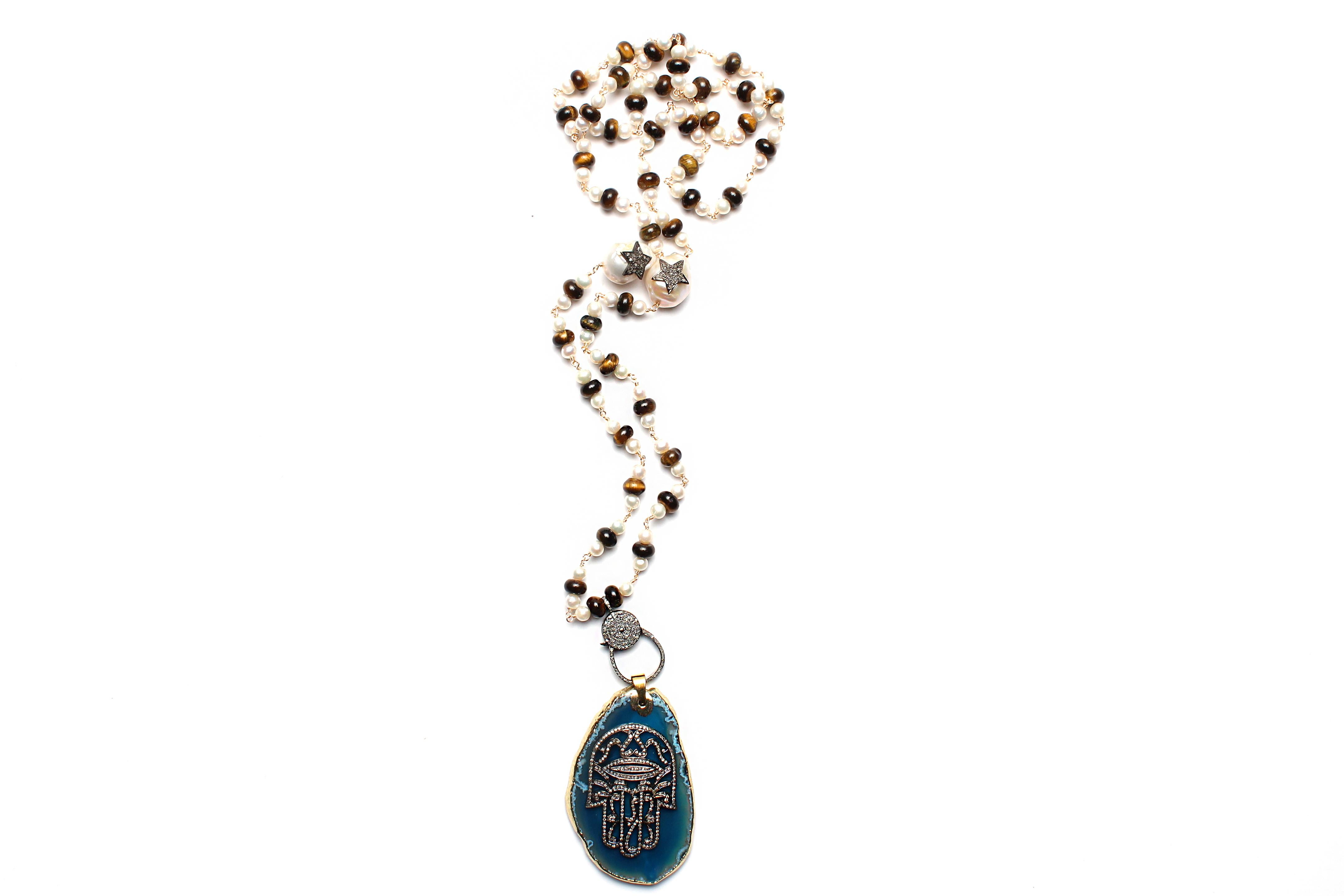 CLARISSA BRONFMAN Tiger's Eye Pearl Diamond Rosary & Agate Diamond Hamsa Pendant In New Condition For Sale In New York, NY