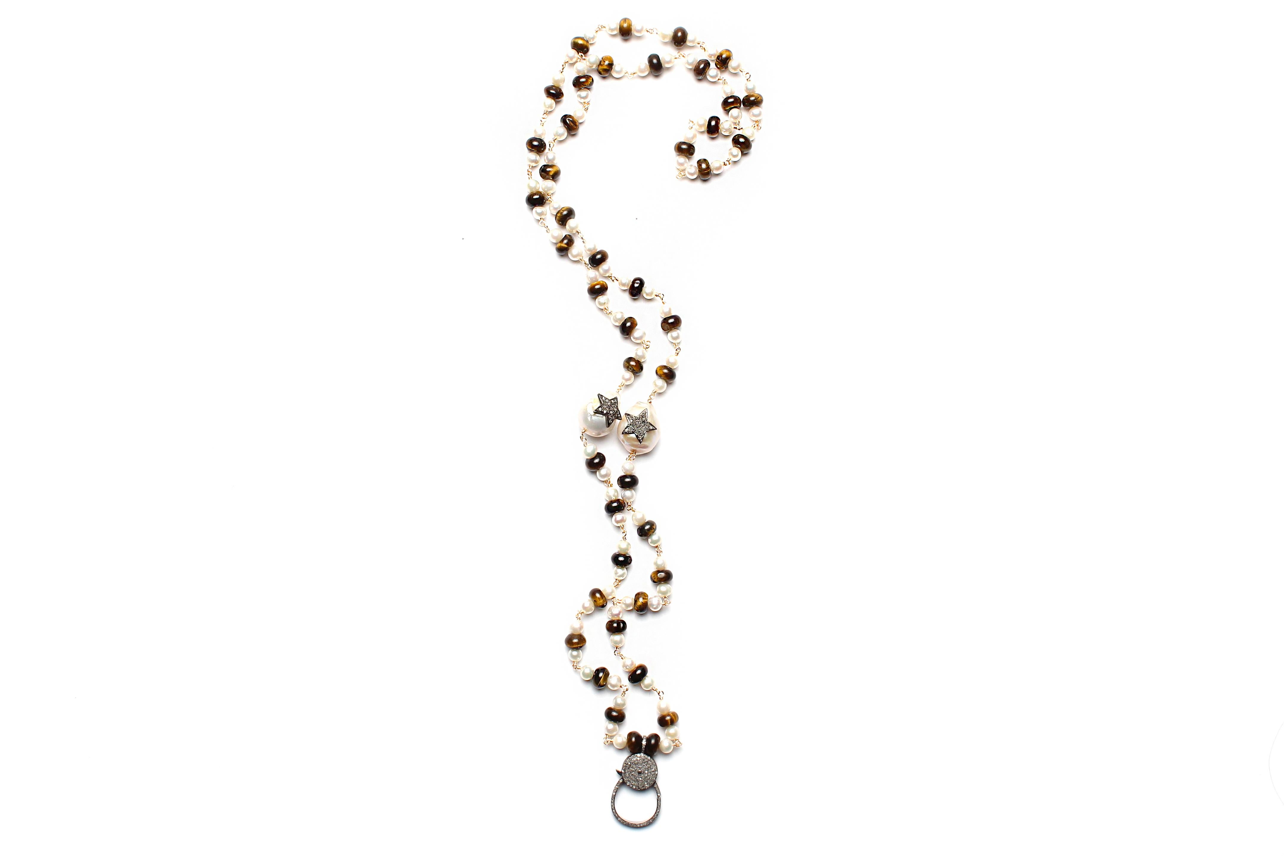 Mixed Cut Clarissa Bronfman Tiger's Eye Pearl Diamond Rosary & Ebony Enamel Star Pendant For Sale