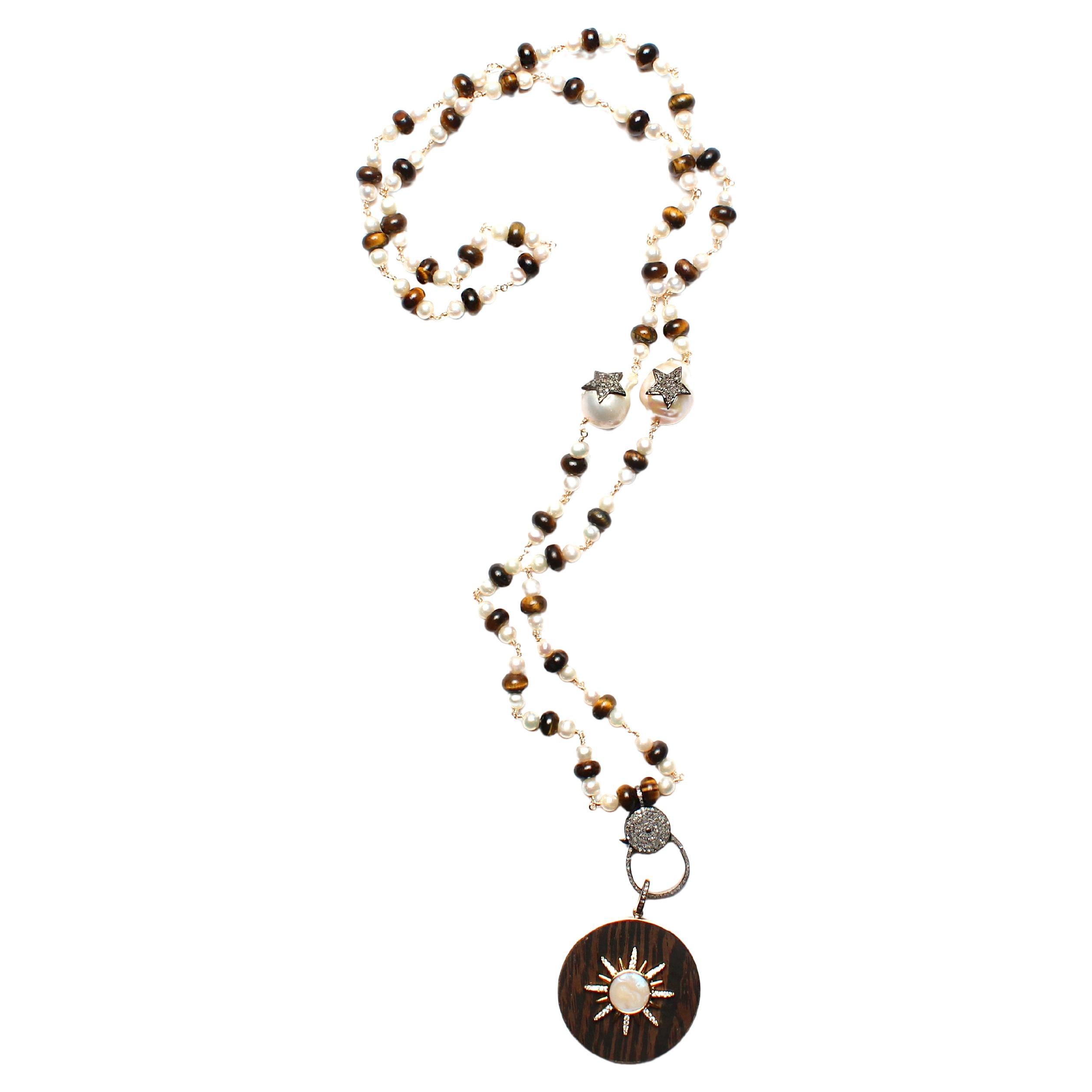 Clarissa Bronfman Tiger's Eye Pearl Diamond Rosary & Ebony Enamel Star Pendant
