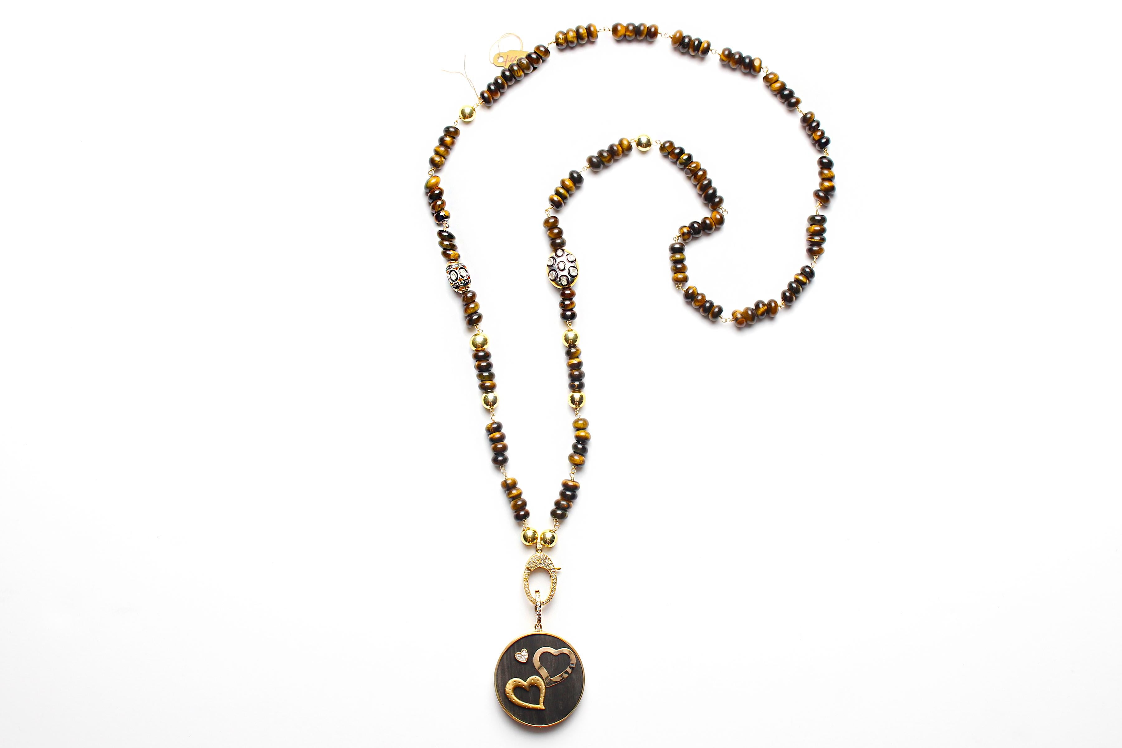 CLARISSA BRONFMAN Tigers Eye Polki Diamond Gold Necklace & 3 Heart Ebony Pendant For Sale 4