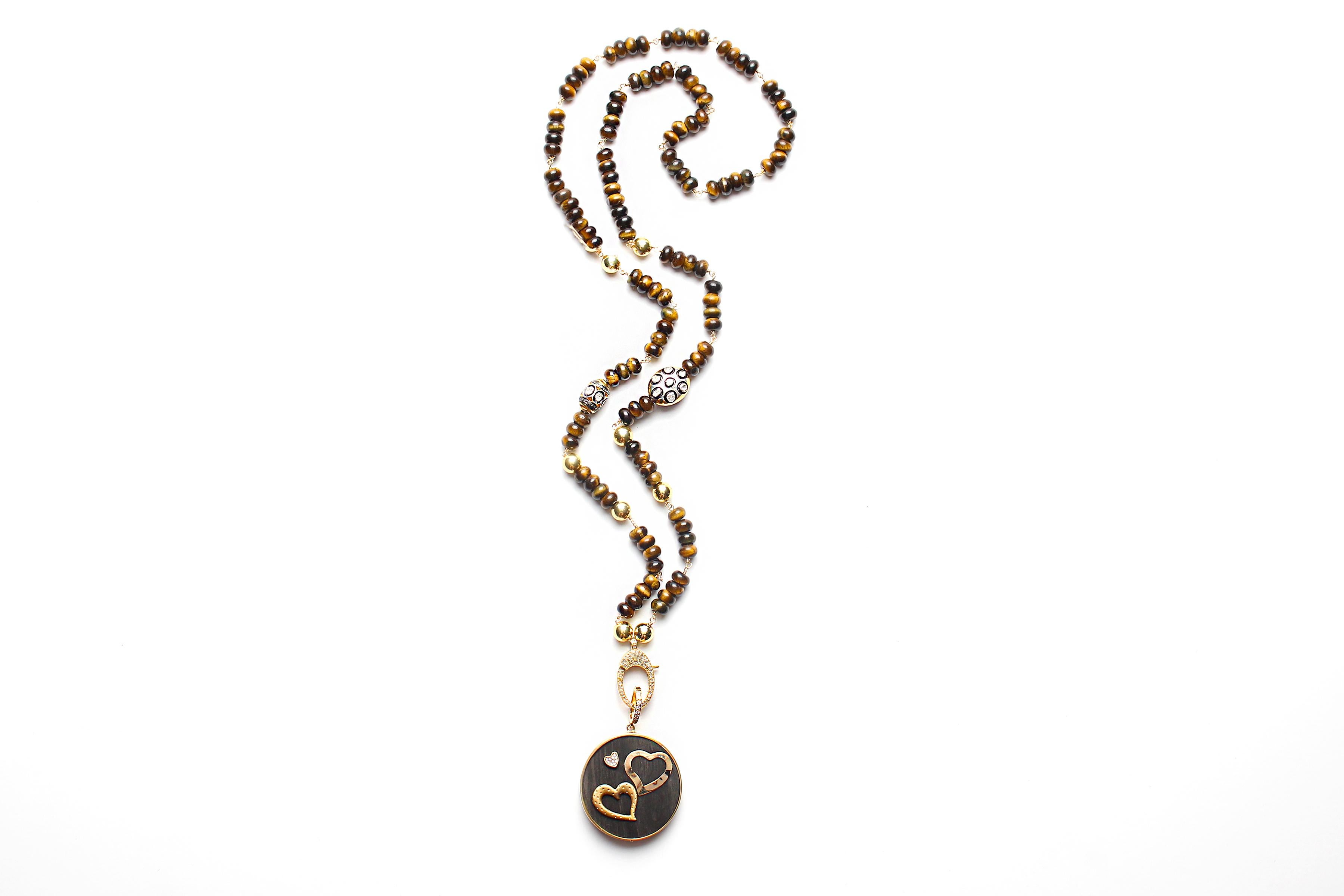 CLARISSA BRONFMAN Tigers Eye Polki Diamond Gold Necklace & 3 Heart Ebony Pendant In New Condition For Sale In New York, NY