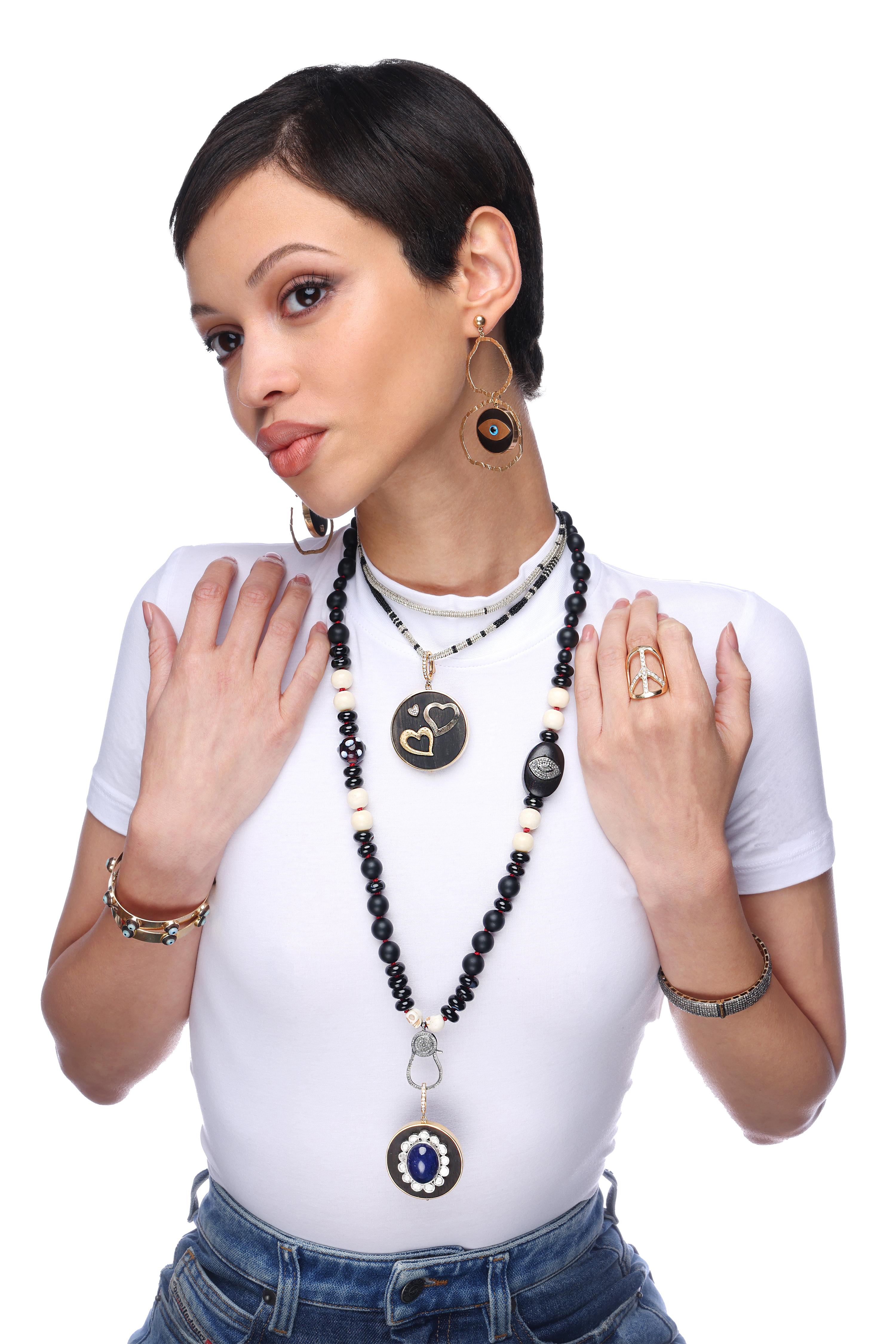 Women's or Men's CLARISSA BRONFMAN Tigers Eye Polki Diamond Gold Necklace & 3 Heart Ebony Pendant For Sale
