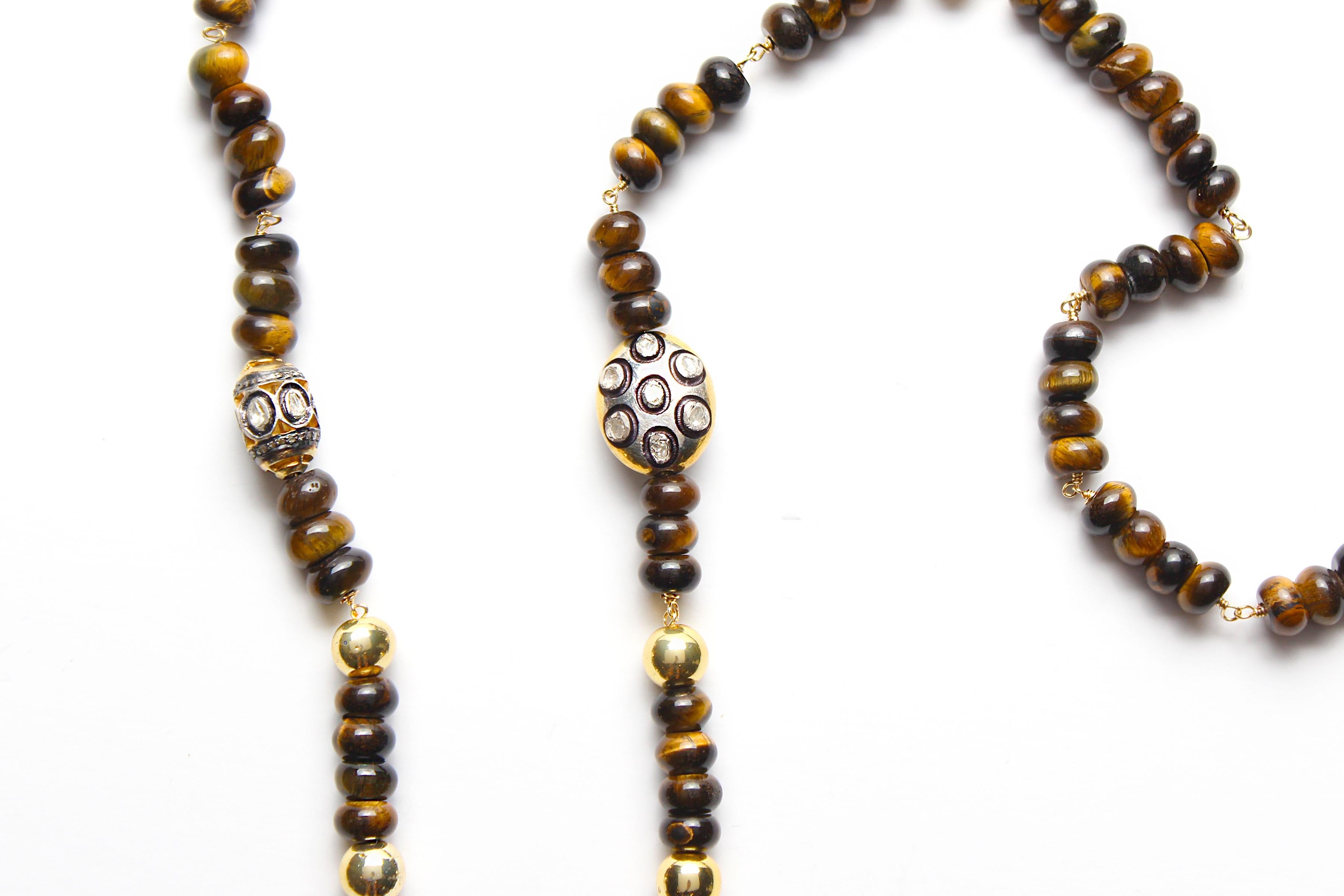 CLARISSA BRONFMAN Tigers Eye Polki Diamond Gold Necklace & 3 Heart Ebony Pendant For Sale 2