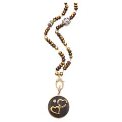 CLARISSA BRONFMAN Tigers Eye Polki Diamond Gold Necklace & 3 Heart Ebony Pendant