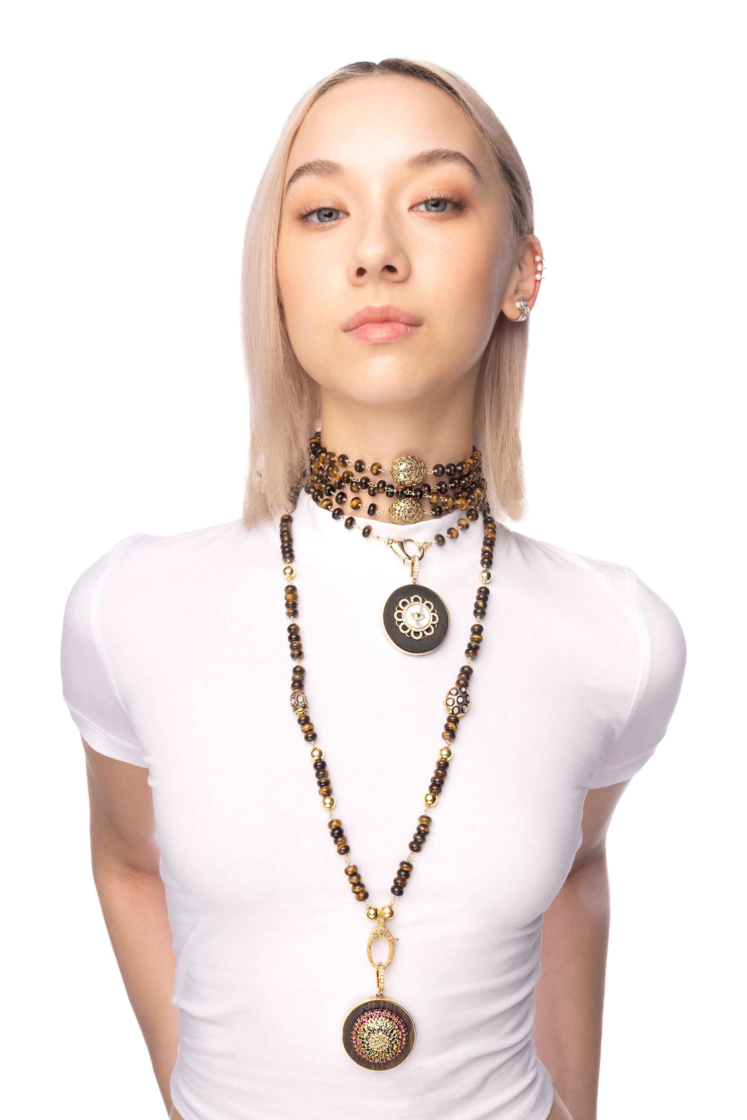 Clarissa Bronfman Tigers Eye Polki Diamond Gold Necklace Sun Star Ebony Pendant In New Condition For Sale In New York, NY