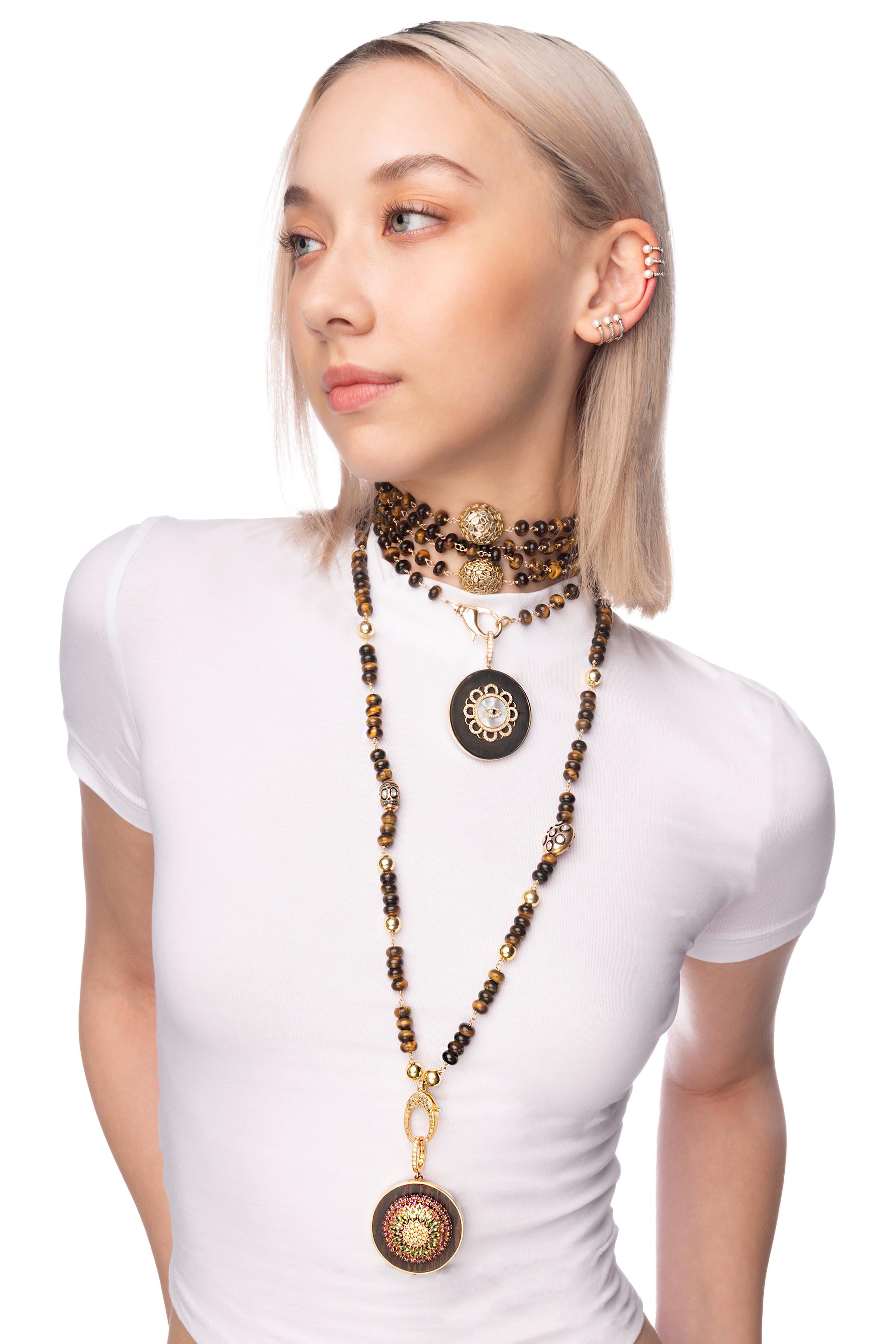 Clarissa Bronfman Tigers Eye Polki Diamond Gold Necklace Sun Star Ebony Pendant For Sale 1