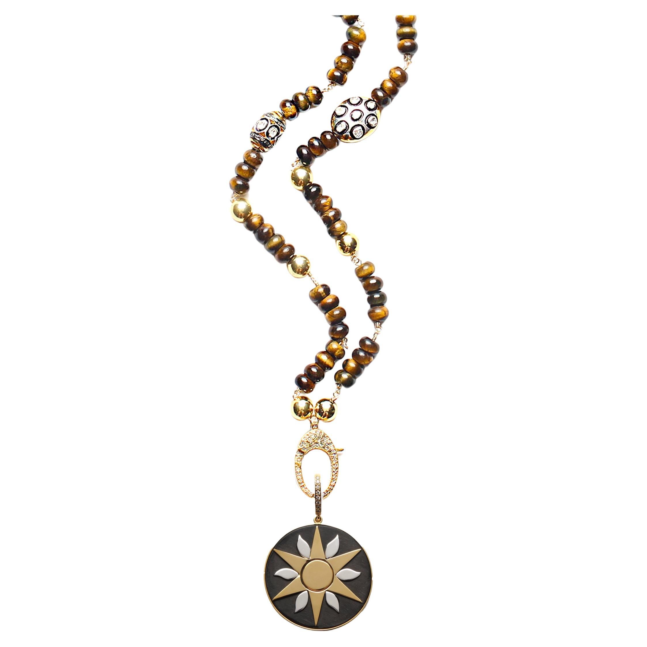 Clarissa Bronfman Tigers Eye Polki Diamond Gold Necklace Sun Star Ebony Pendant