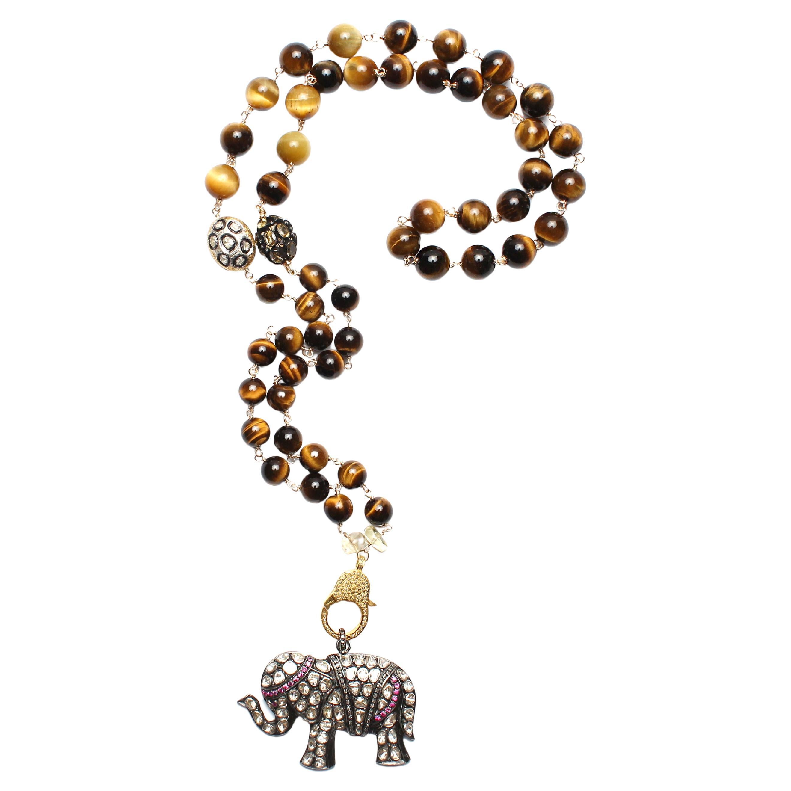 Clarissa Bronfman Tiger's Eye Polki Diamond Rosary Diamond Ruby Elephant Pendant