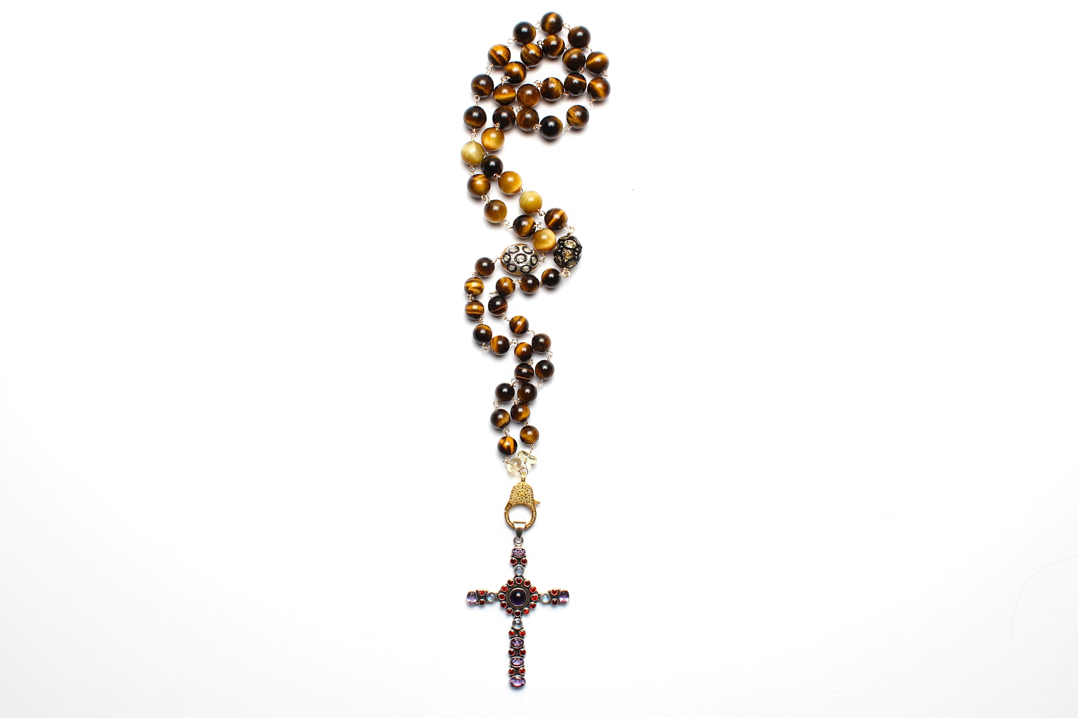 Clarissa Bronfman Tiger's Eye Polki Diamond Rosary & Ruby Amethyst Cross Pendant In New Condition In New York, NY