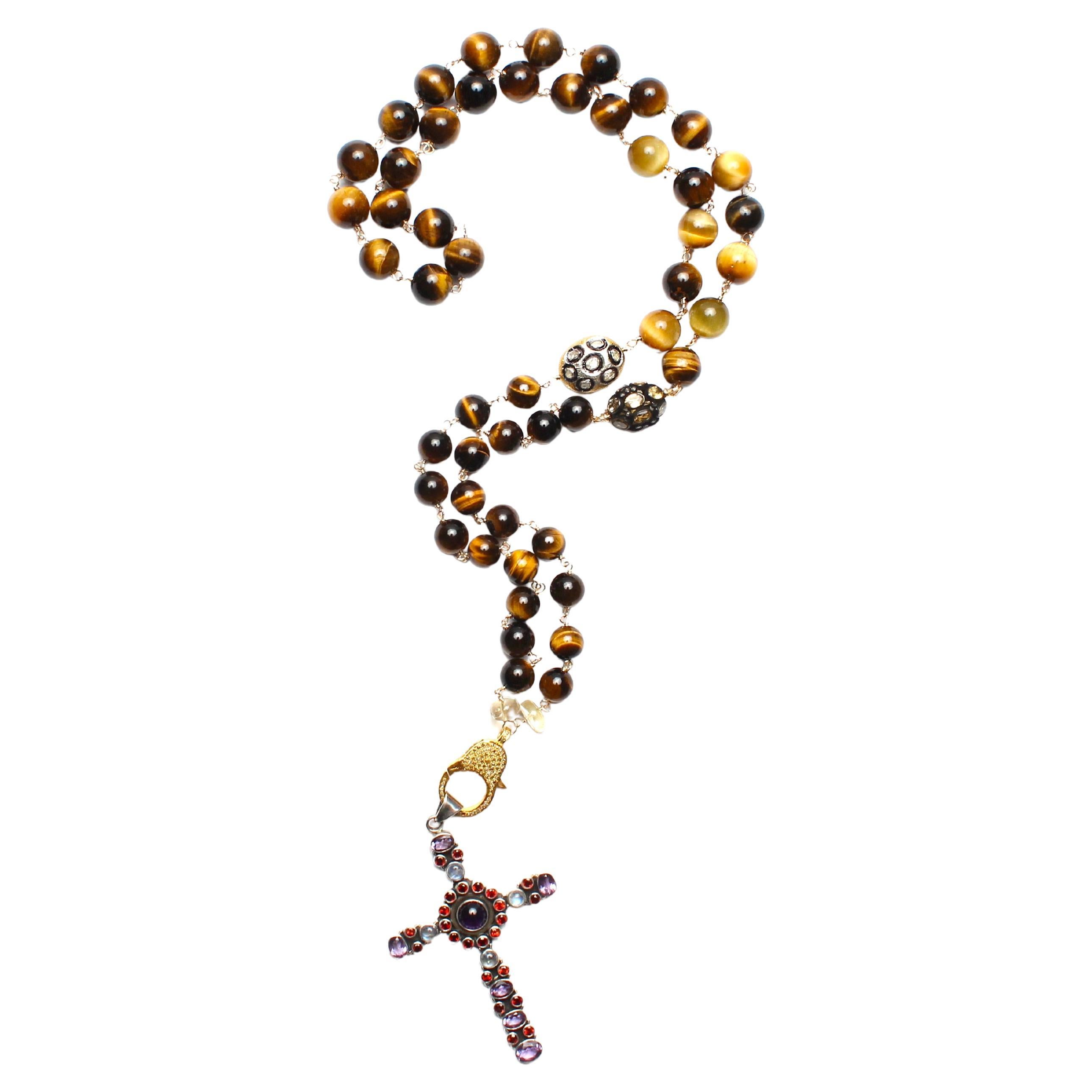 Clarissa Bronfman Tiger's Eye Polki Diamond Rosary & Ruby Amethyst Cross Pendant