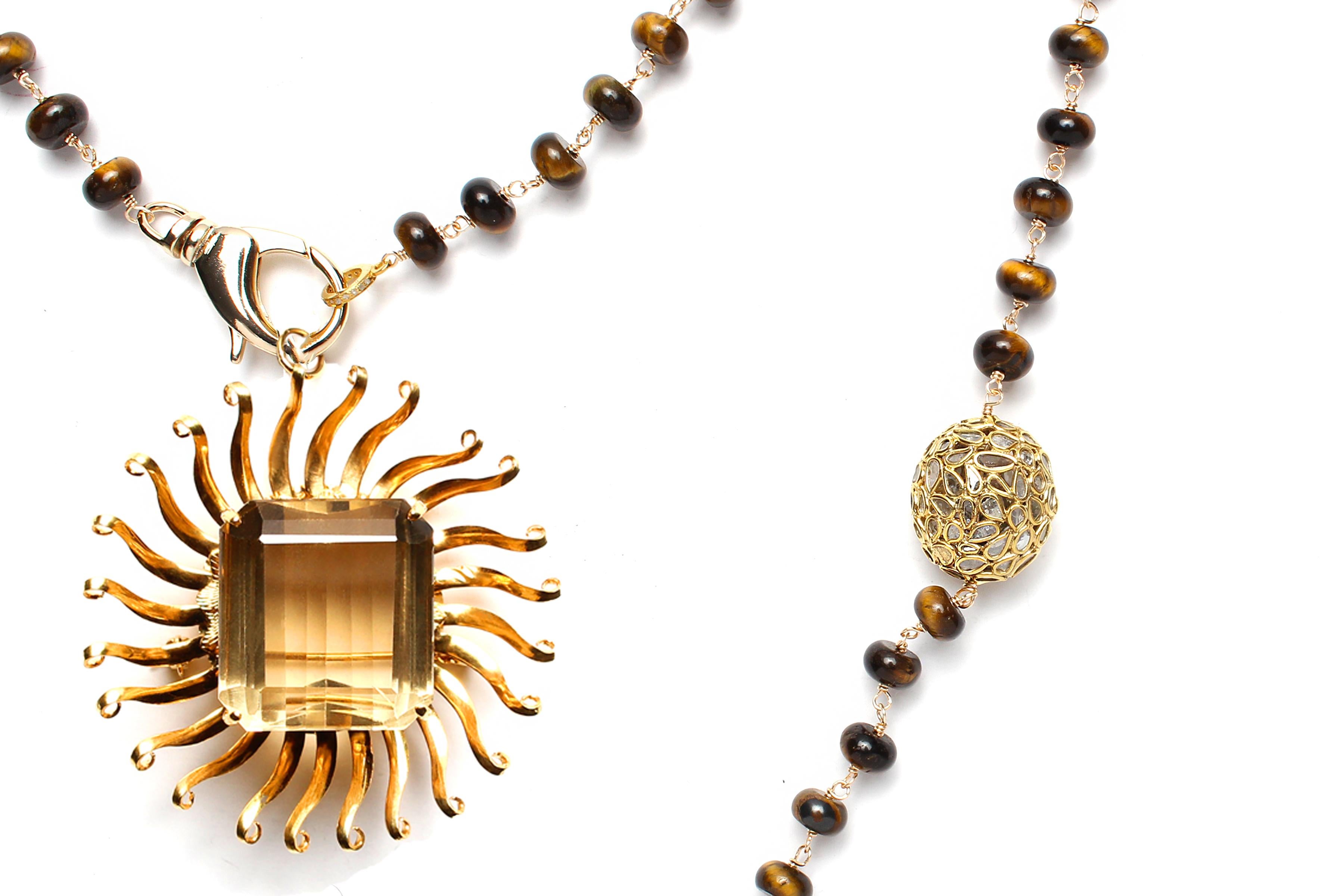 Contemporary Clarissa Bronfman Tiger's Eye Rosary Diamond Gold Emerald Flower Amethyst Cross