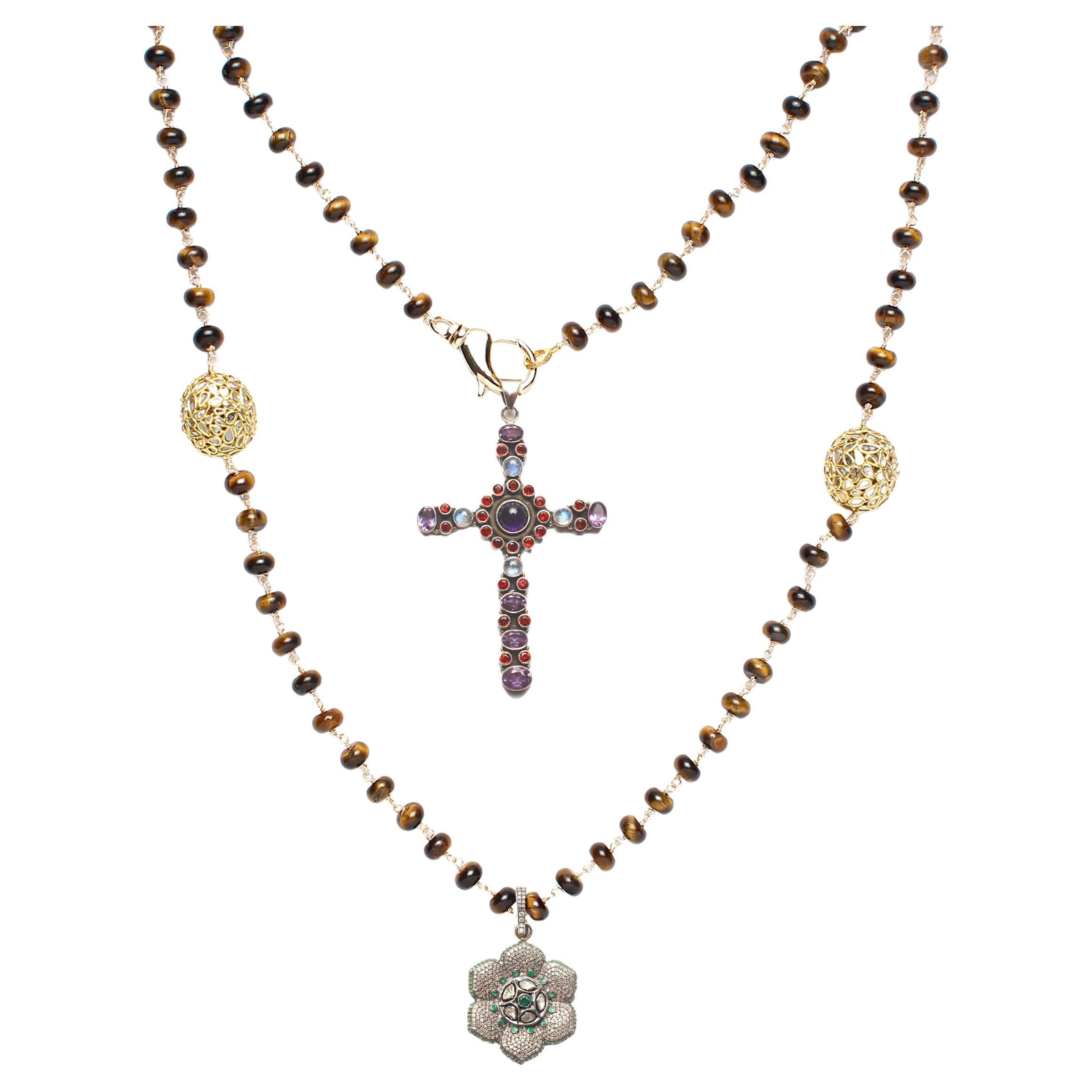 Clarissa Bronfman Tiger's Eye Rosary Diamond Gold Emerald Flower Amethyst Cross