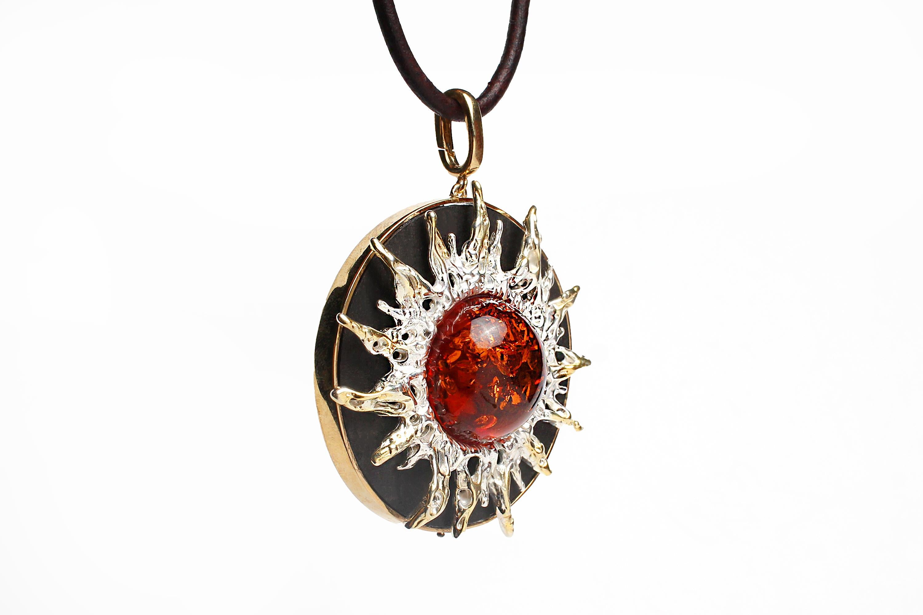 Contemporary CLARISSA BRONFMAN Tigers Eye Ruby Emerald Rosary & Ebony Gold Amber Sun Pendant For Sale