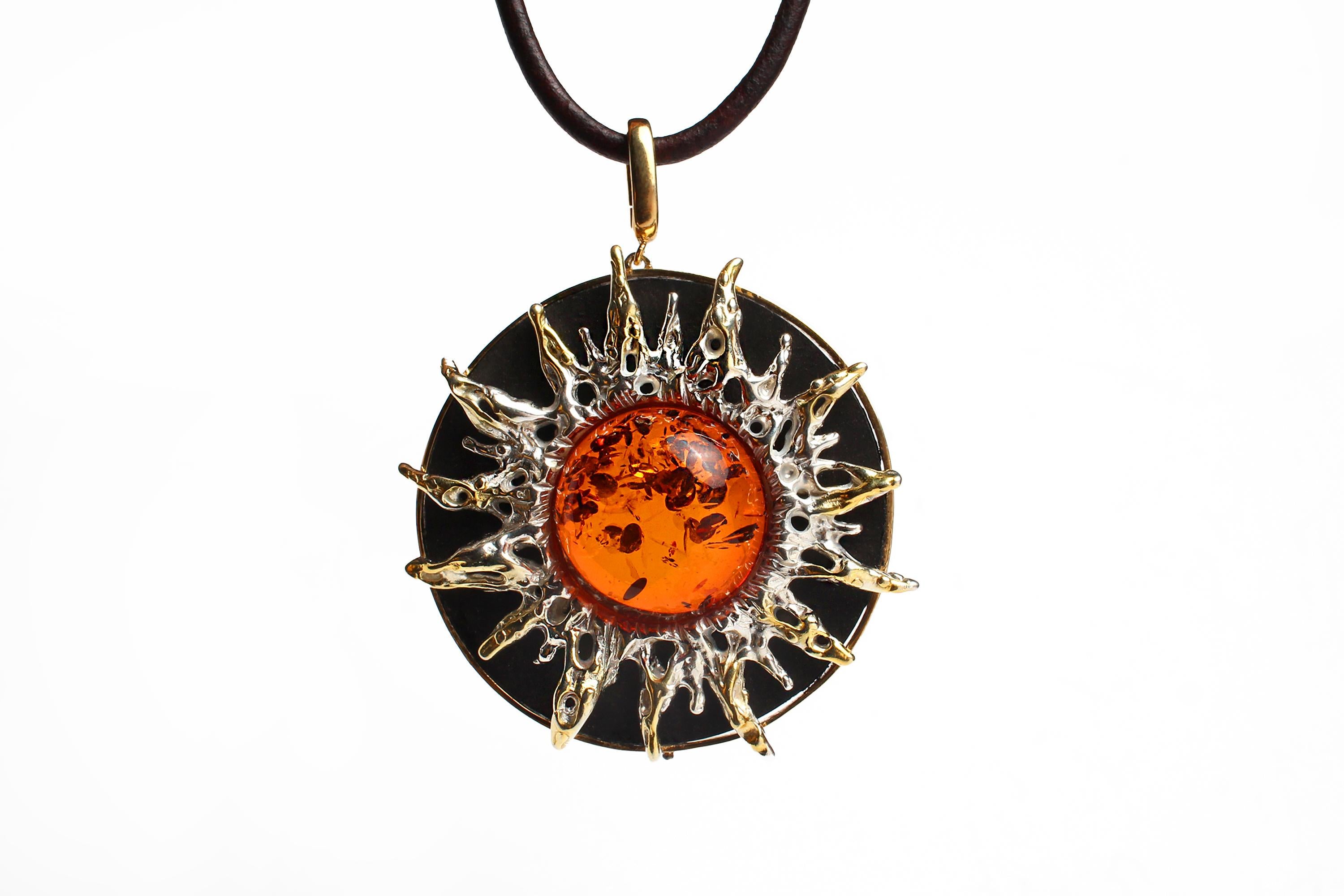 CLARISSA BRONFMAN Tigers Eye Ruby Emerald Rosary & Ebony Gold Amber Sun Pendant In New Condition For Sale In New York, NY