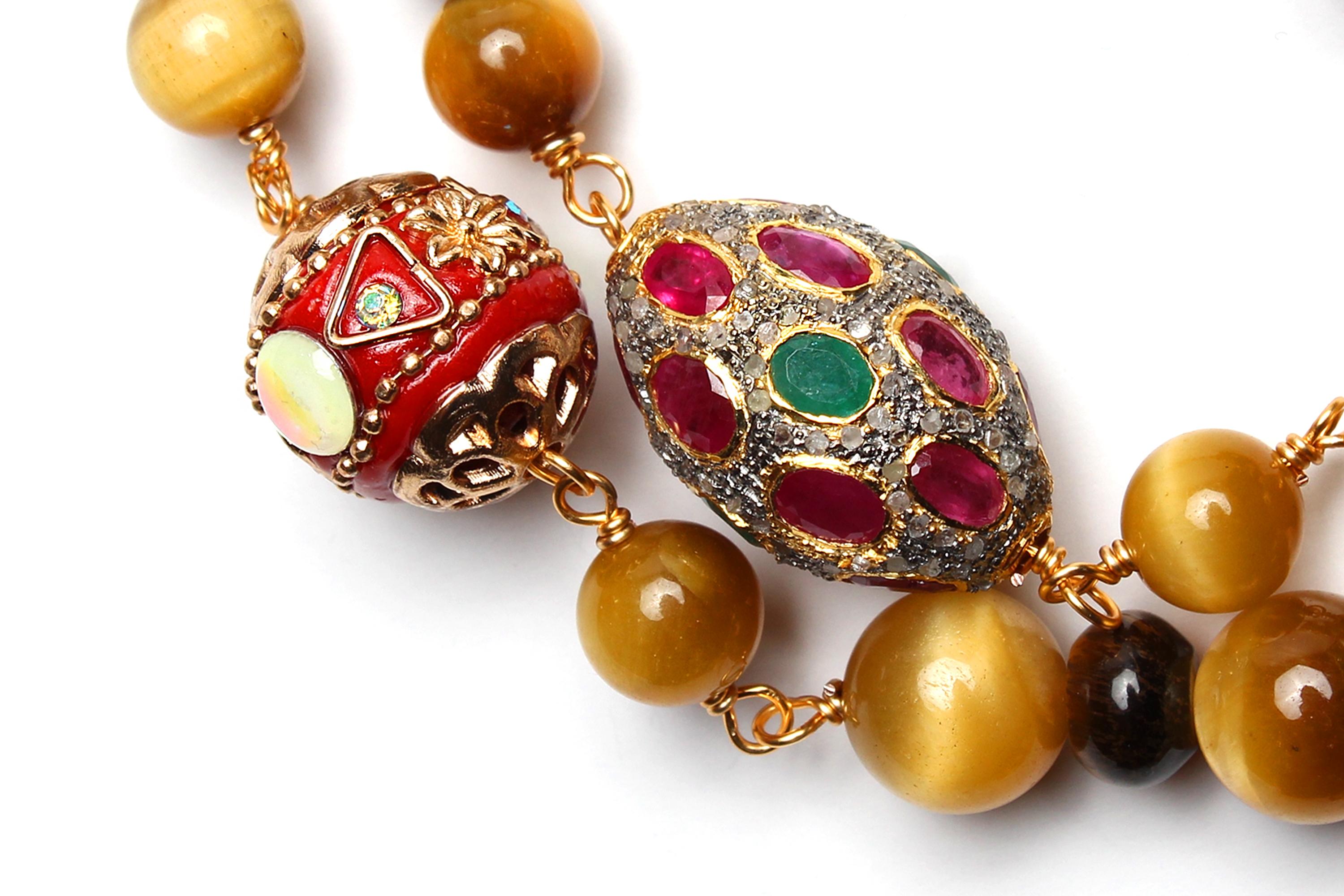 Women's or Men's CLARISSA BRONFMAN Tigers Eye Ruby Emerald Rosary & Ebony Gold Amber Sun Pendant For Sale