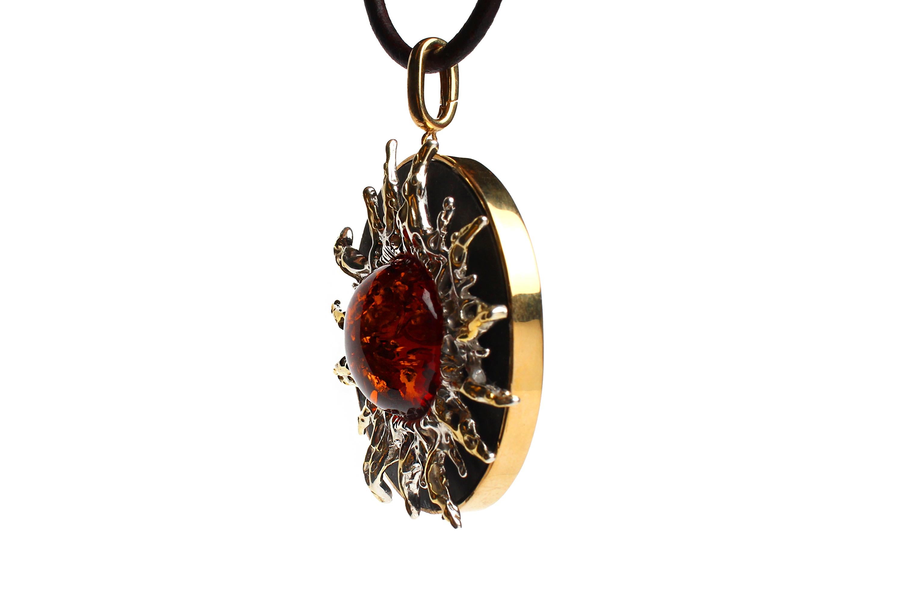 CLARISSA BRONFMAN Tigers Eye Ruby Emerald Rosary & Ebony Gold Amber Sun Pendant For Sale 1