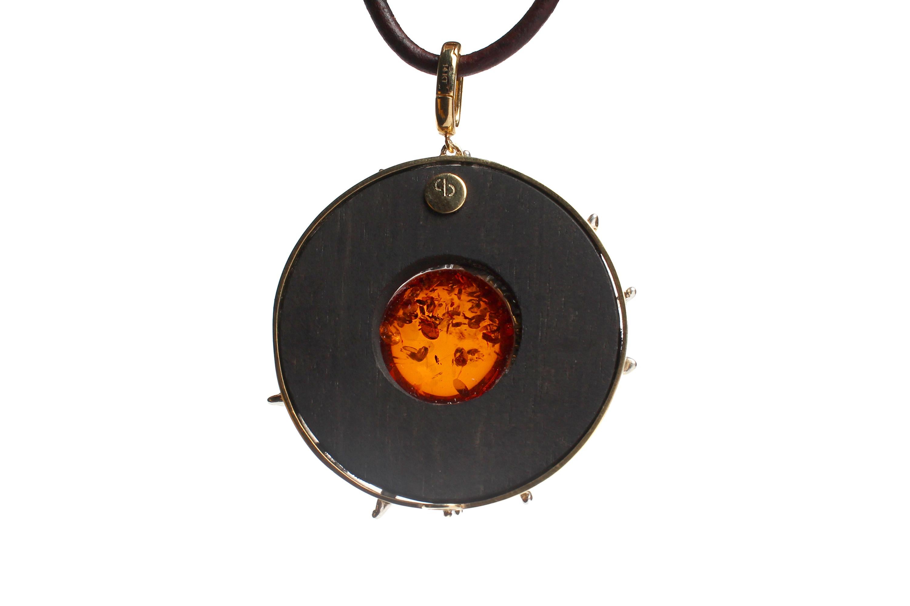 CLARISSA BRONFMAN Tigers Eye Ruby Emerald Rosary & Ebony Gold Amber Sun Pendant For Sale 2