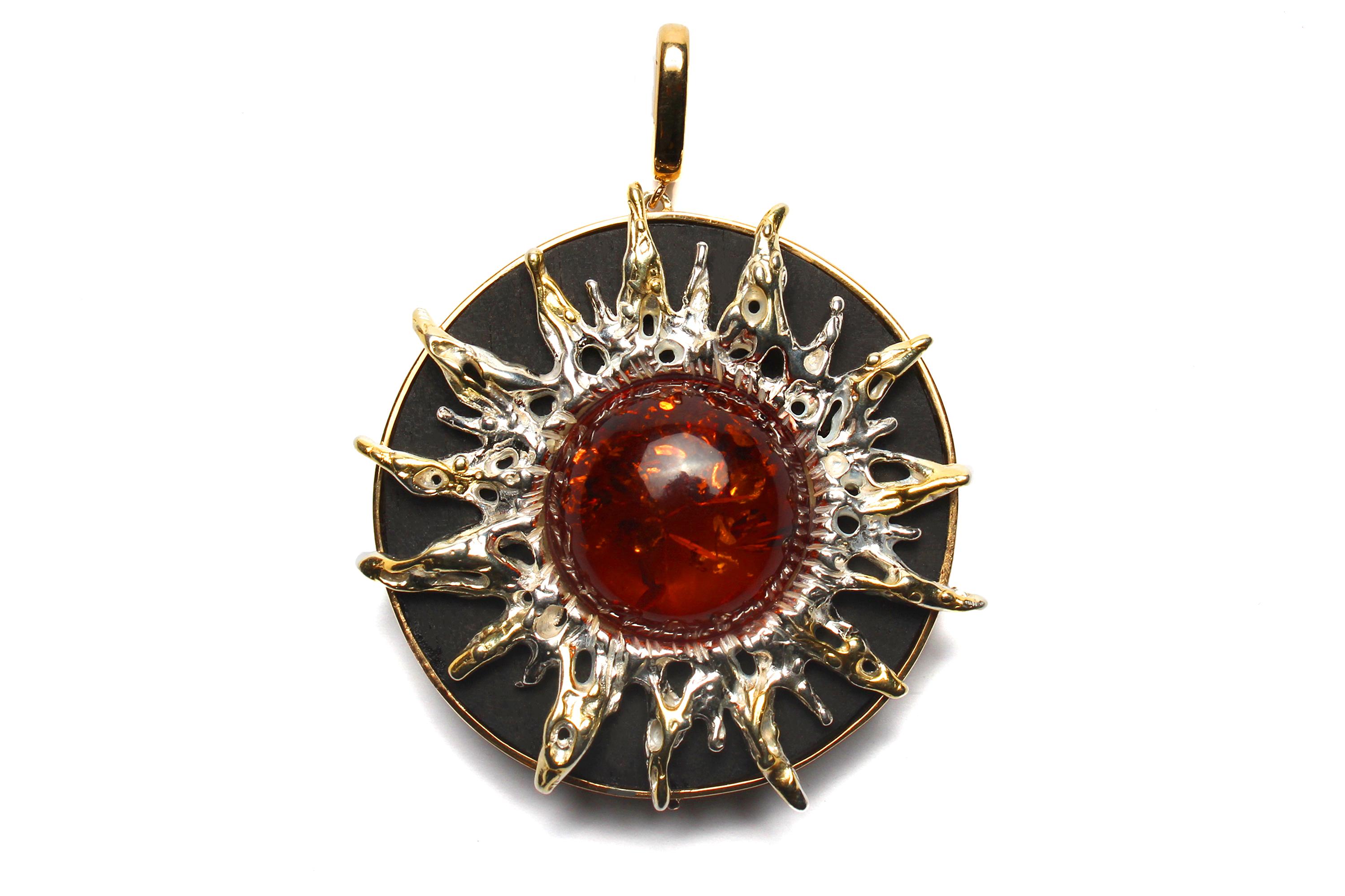 CLARISSA BRONFMAN Tigers Eye Ruby Emerald Rosary & Ebony Gold Amber Sun Pendant For Sale 3