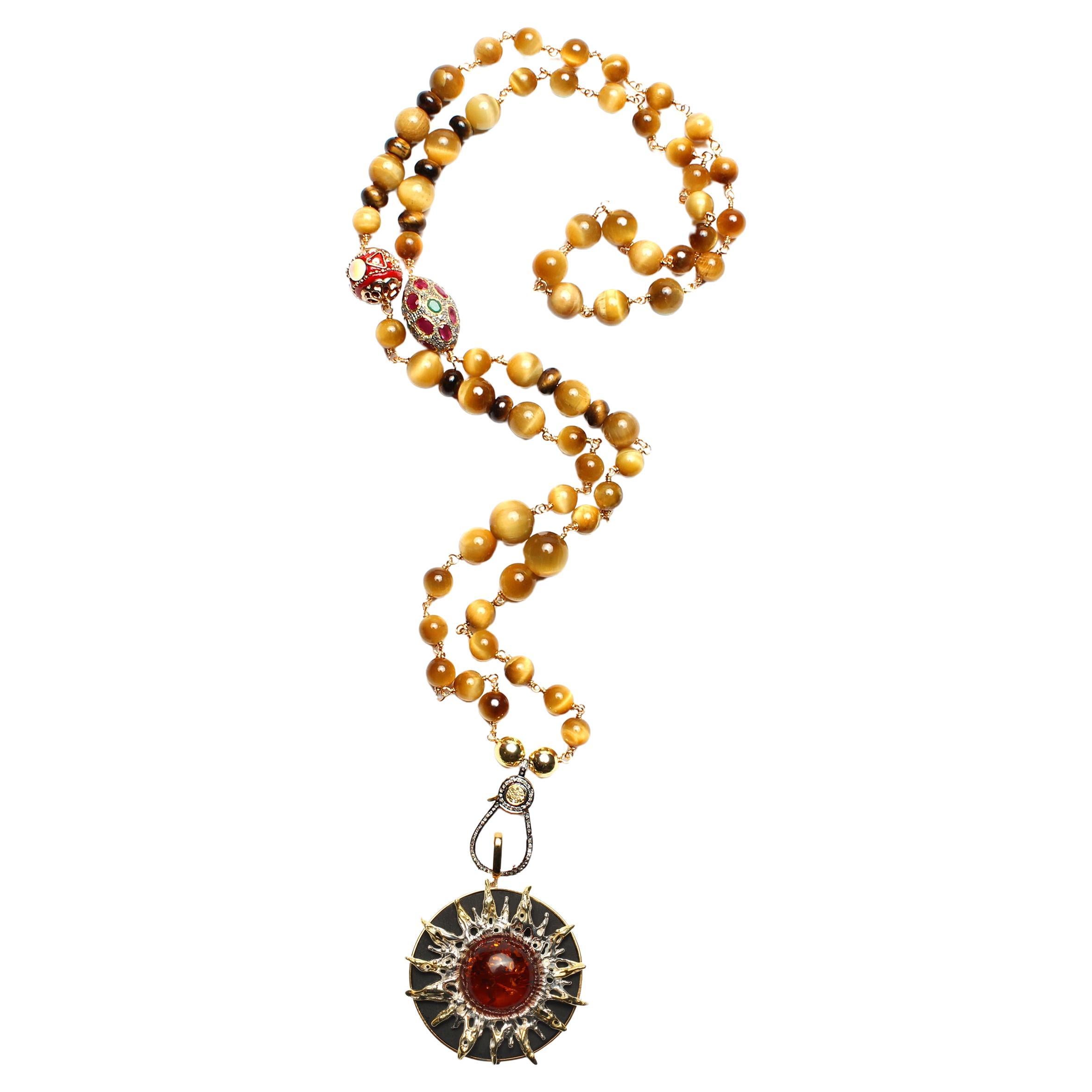 CLARISSA BRONFMAN Tigers Eye Ruby Emerald Rosary & Ebony Gold Amber Sun Pendant