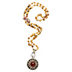 Used CLARISSA BRONFMAN Tigers Eye Ruby Emerald Rosary & Ebony Gold Amber Sun Pendant