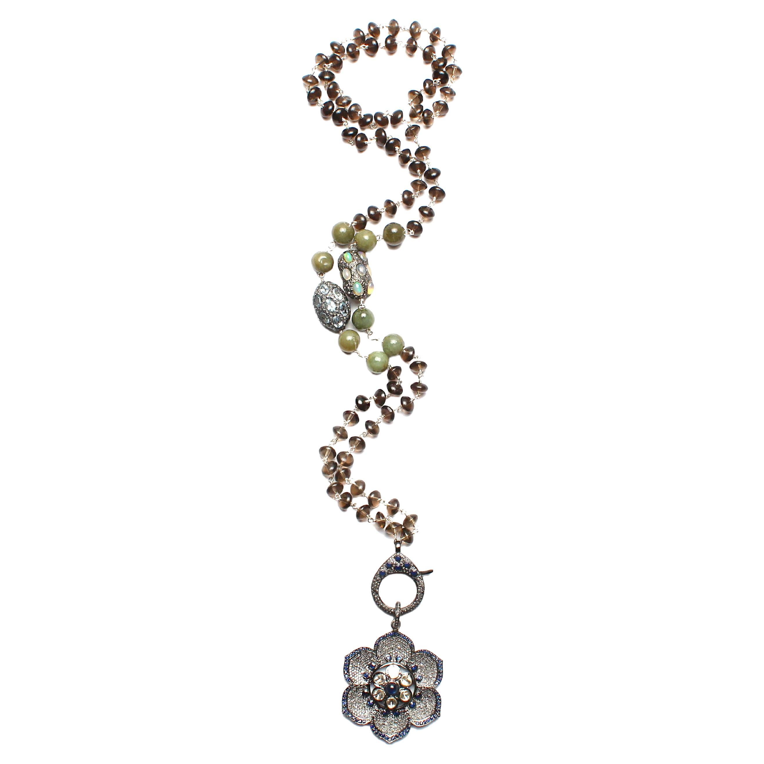 Clarissa Bronfman Topaz Diamond Quartz Opal Rosary & Sapphire Diamond Flower  For Sale