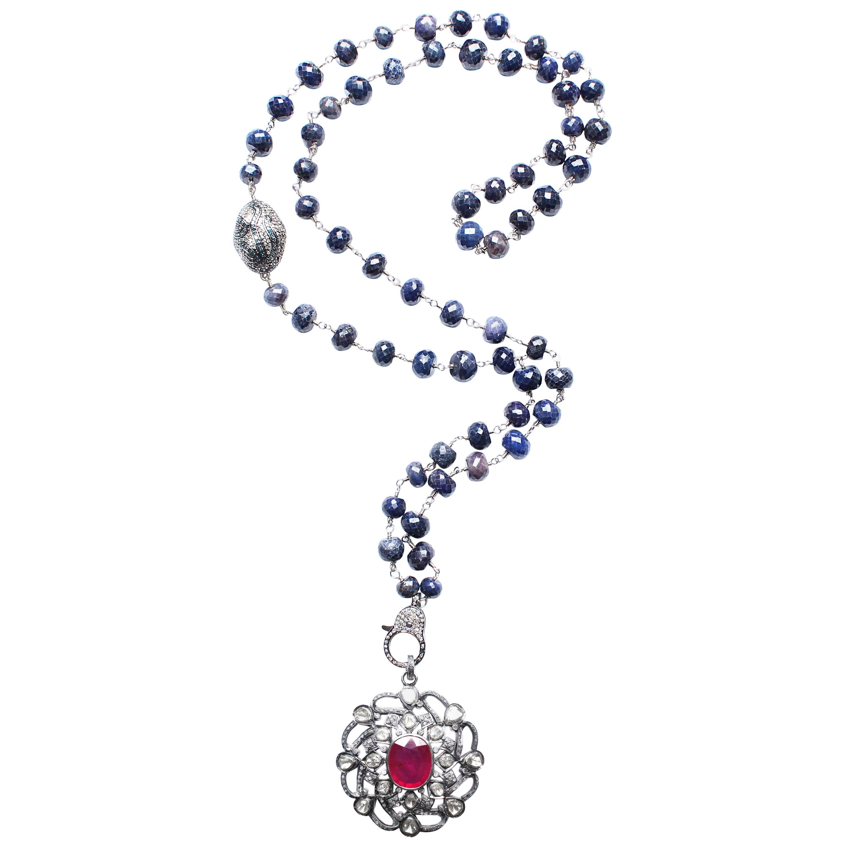 Clarissa Bronfman Tourmaline, Diamond, Silver, Ruby, Sapphire Rosary Necklace