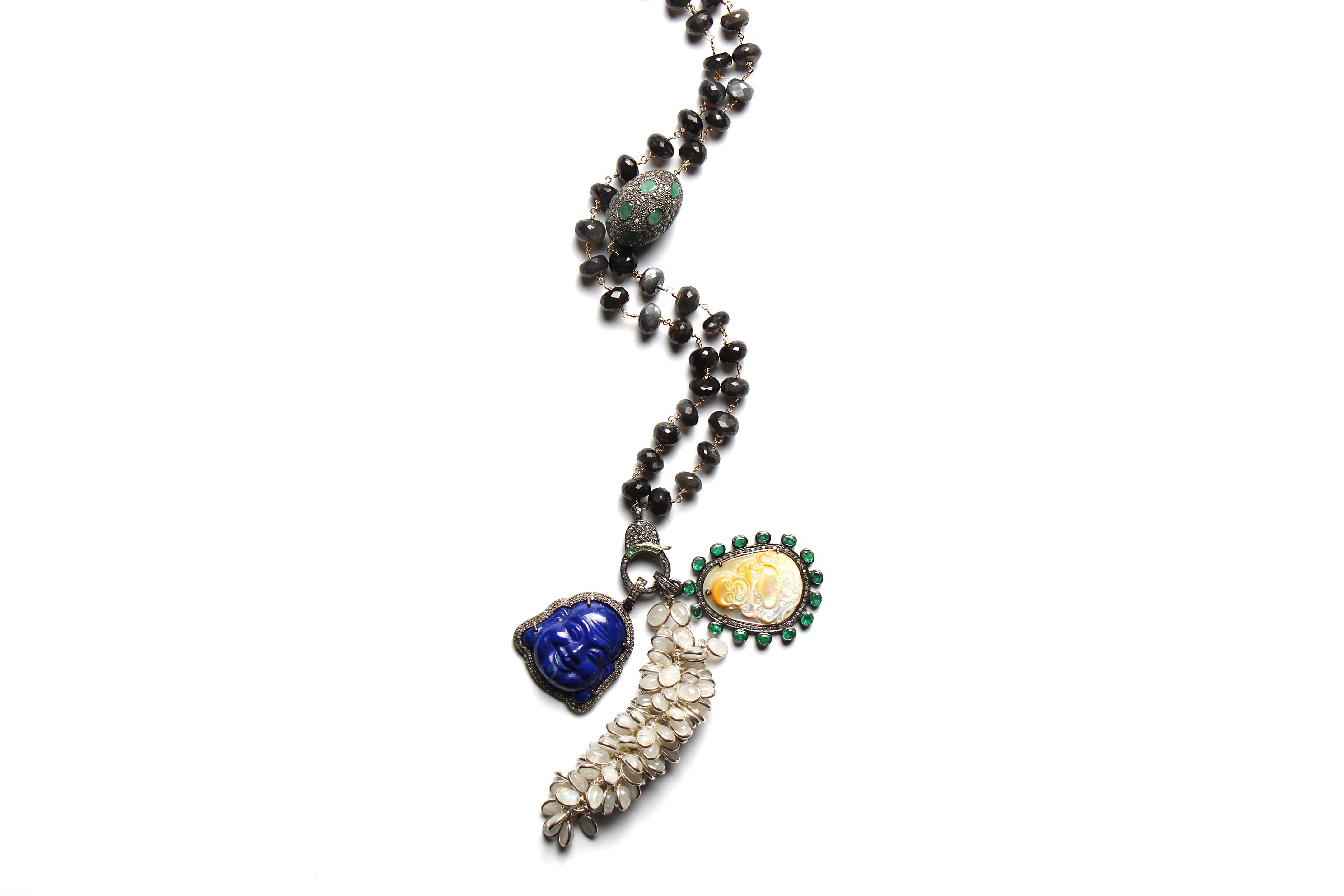 Mixed Cut Clarissa Bronfman Tourmaline Emerald Diamond Opal Zen Buddha Rosary Necklace