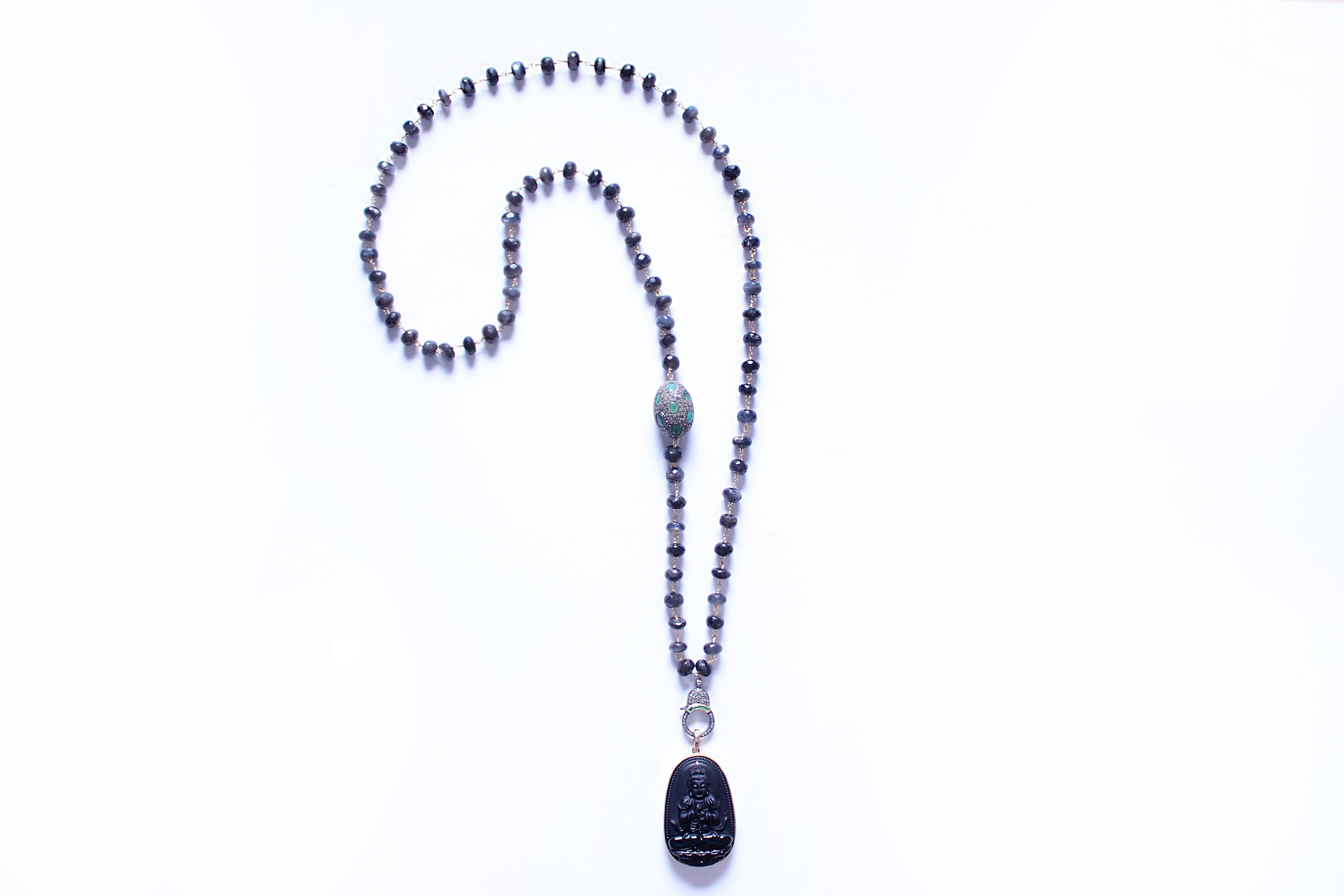 Women's or Men's Clarissa Bronfman Tourmaline Emerald Diamond Rosary & 14k Gold Buddha Pendant
