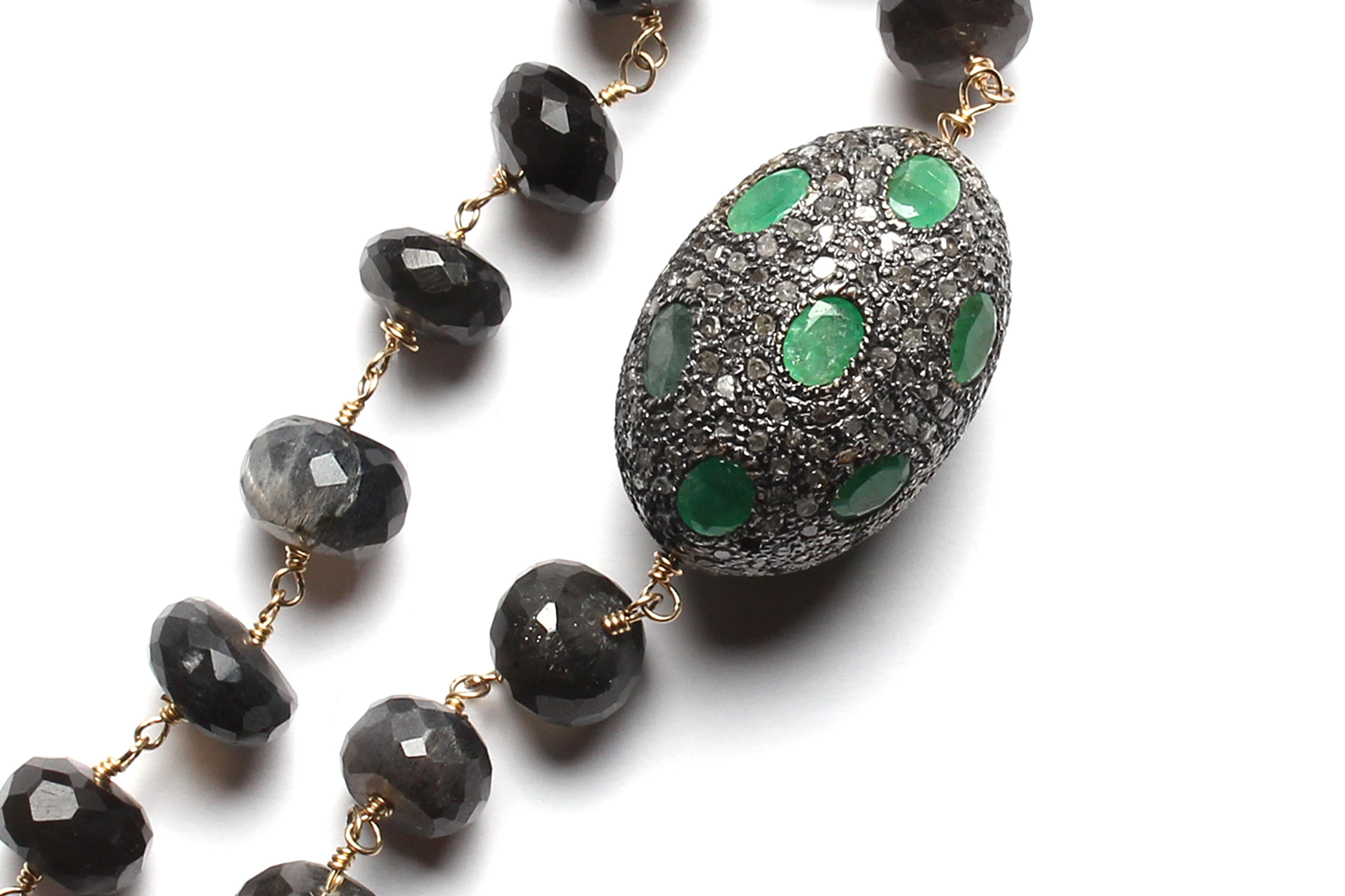 Contemporary Clarissa Bronfman Tourmaline Emerald Diamond Rosary & Ebony Peace Silverpendant 