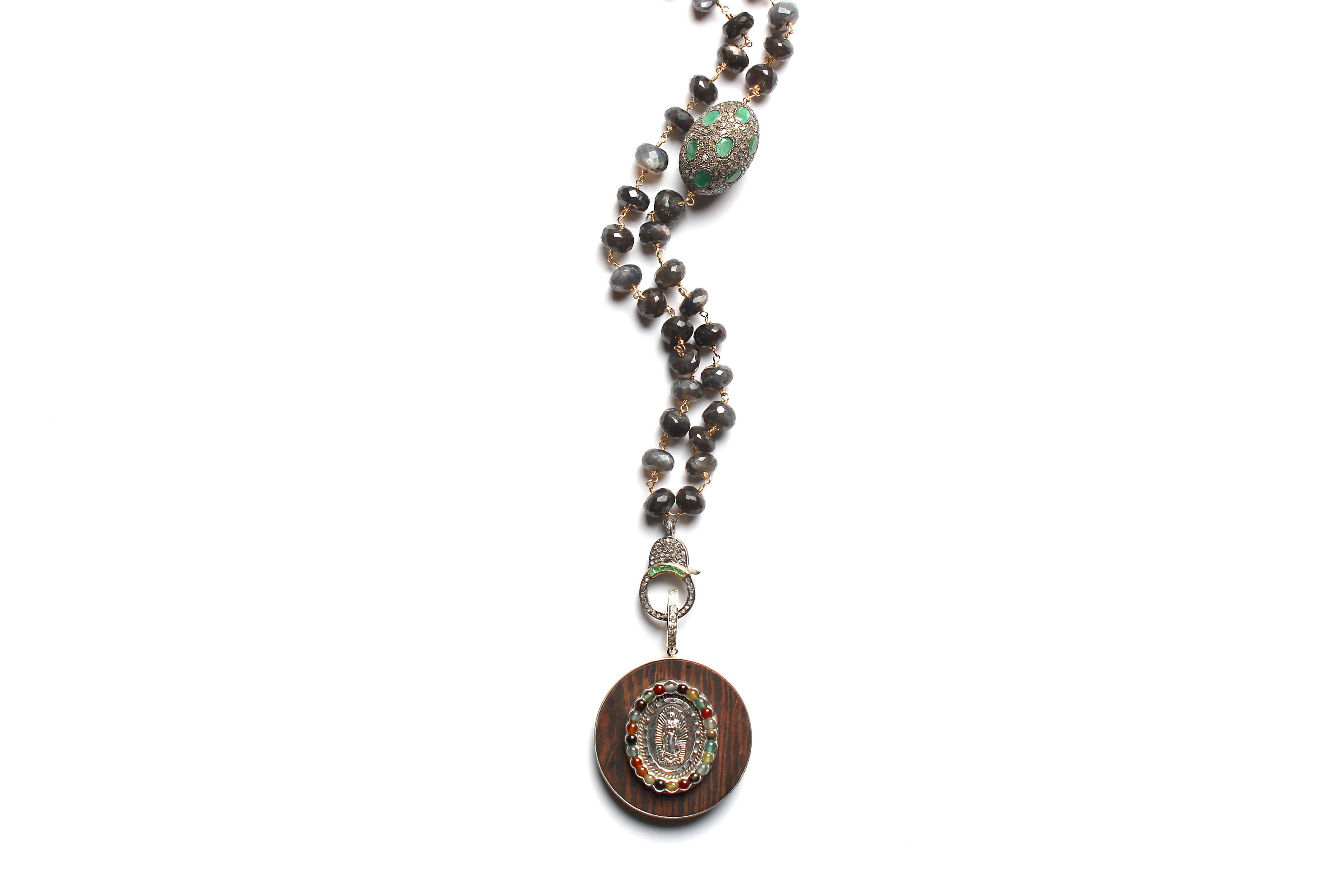 Women's or Men's Clarissa Bronfman Tourmaline Emerald Diamond Rosary & Striped Ebony Saint Pendan