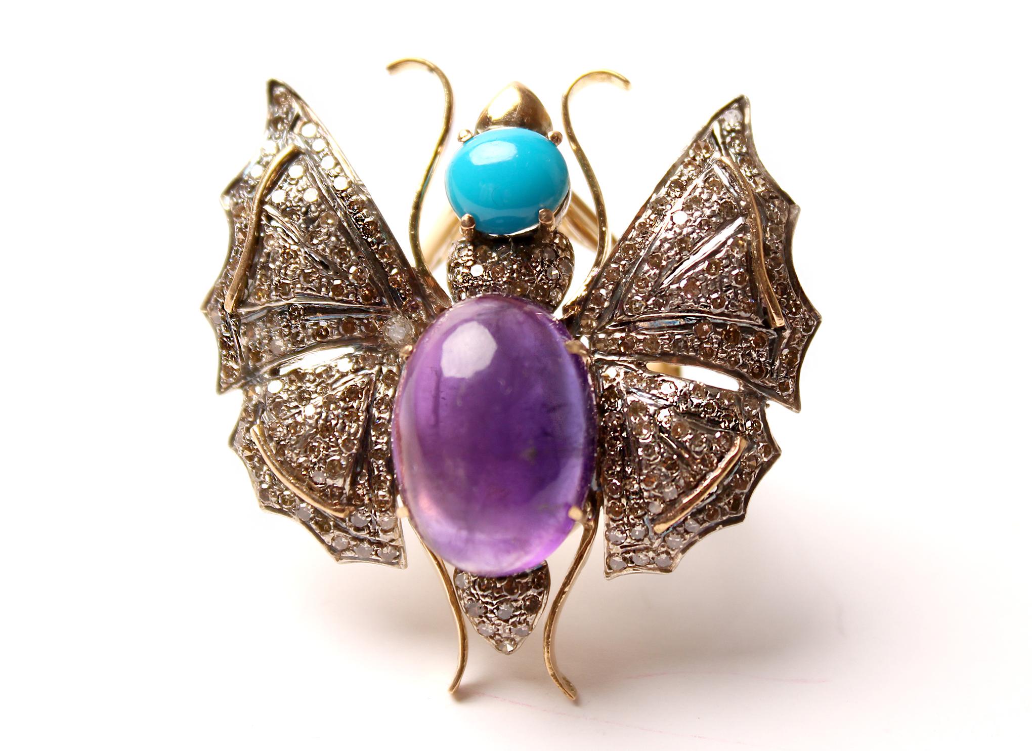 Women's or Men's Clarissa Bronfman Turquoise, Amethyst, Diamond Butterfly Ring