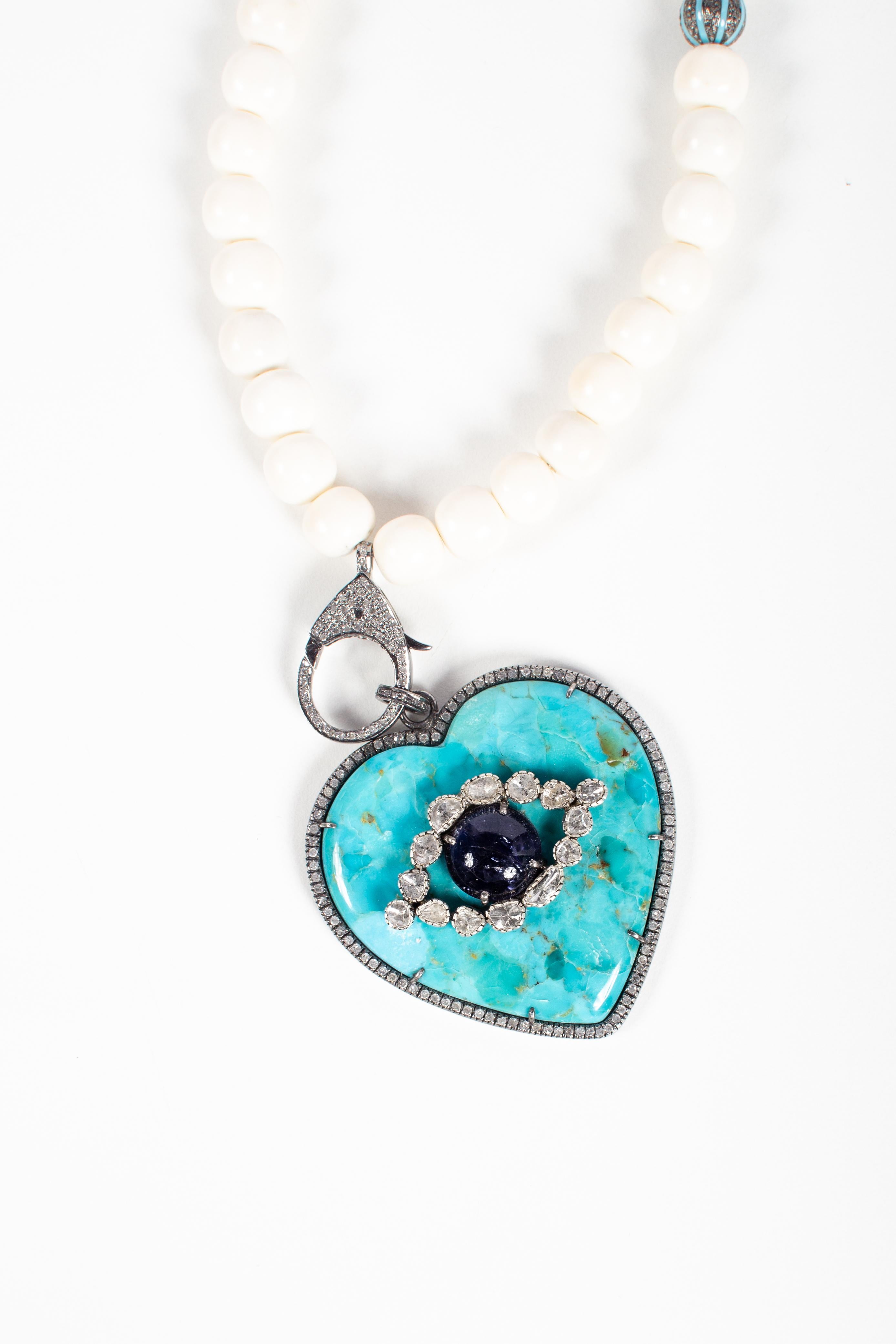 Contemporary Clarissa Bronfman Turquoise, Diamond, Bone, Sapphire Diamond Heart Necklace