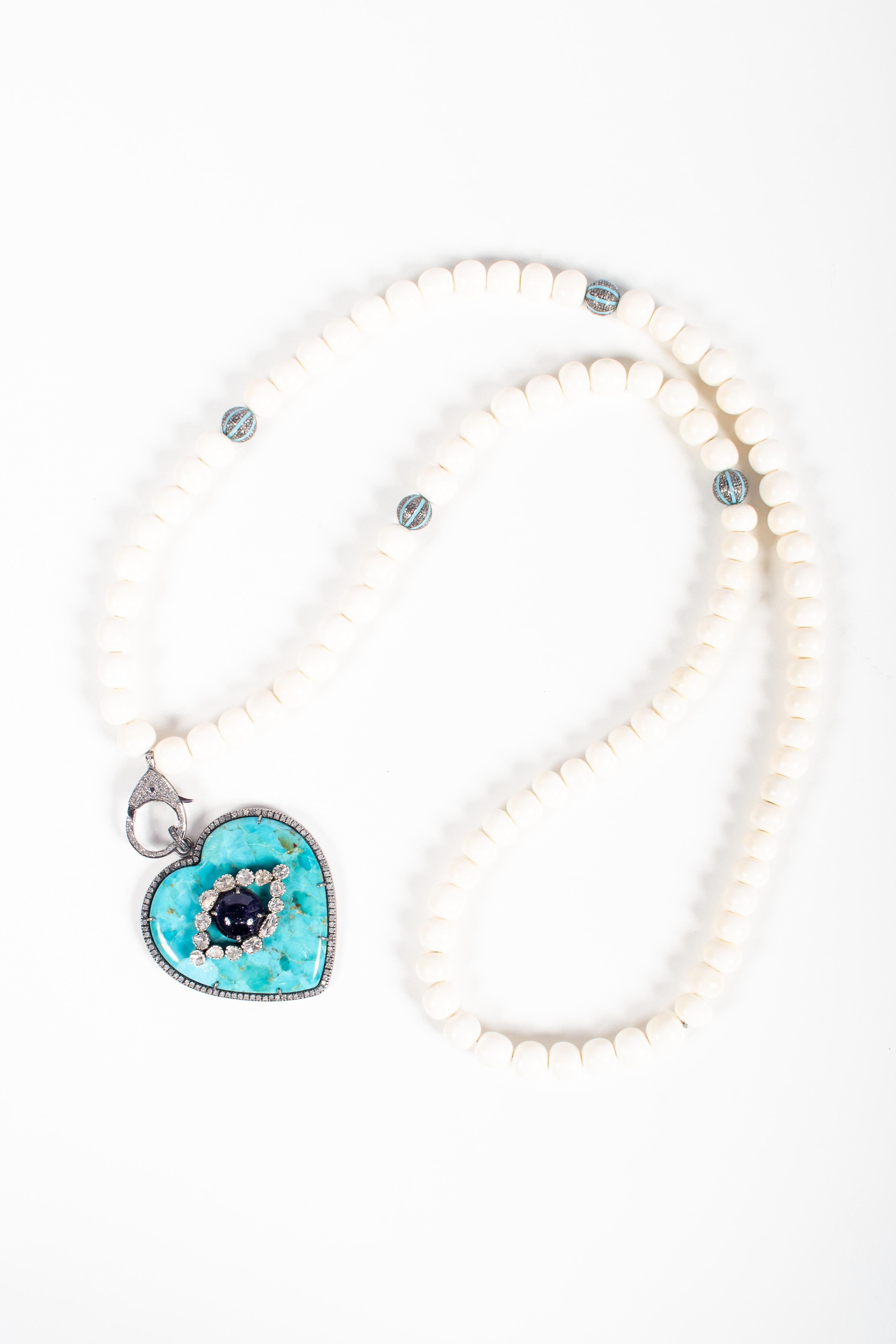 Clarissa Bronfman Turquoise, Diamond, Bone, Sapphire Diamond Heart Necklace In New Condition In New York, NY