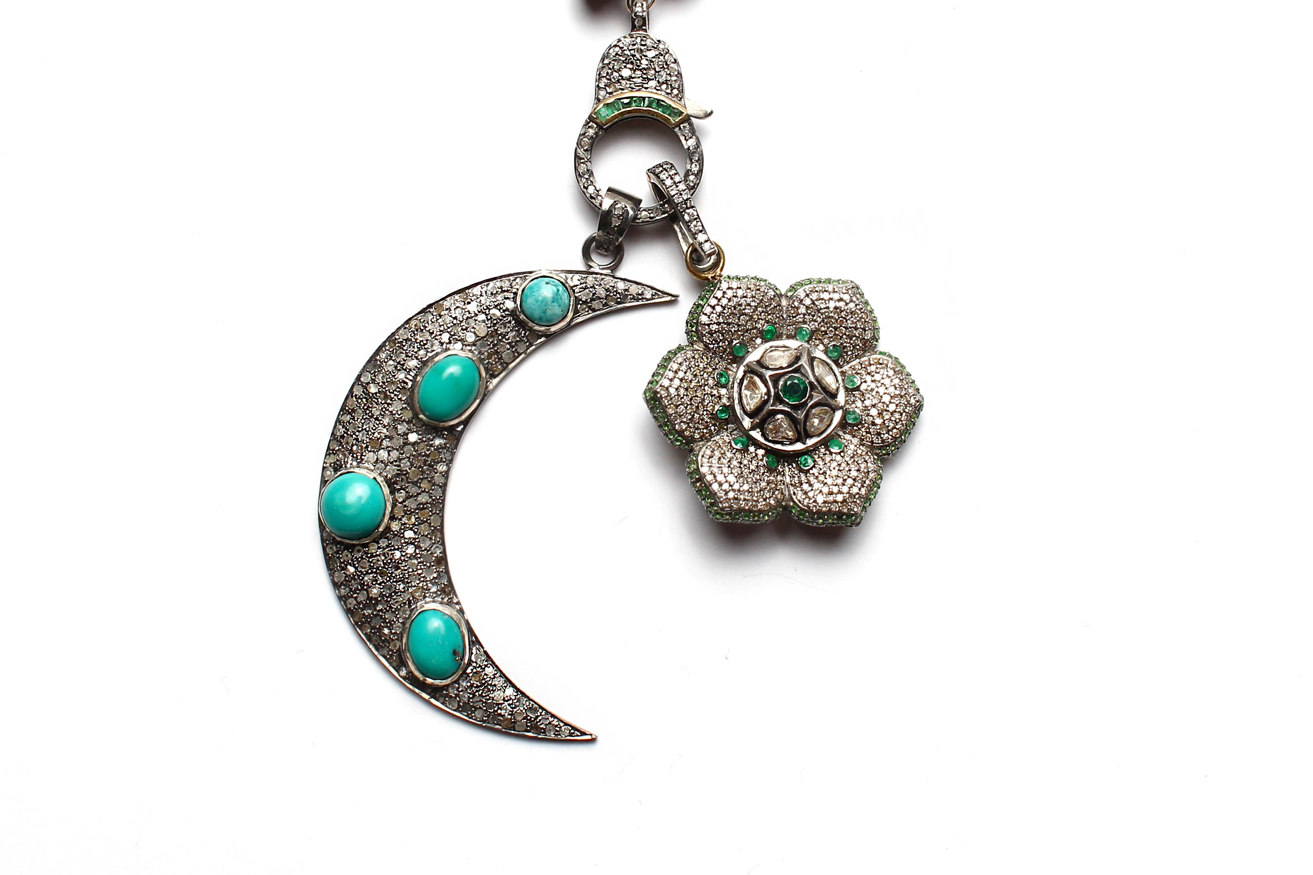 Contemporary Clarissa Bronfman Turquoise Emerald Moon Flower Charms Tourmaline Emerald Rosary