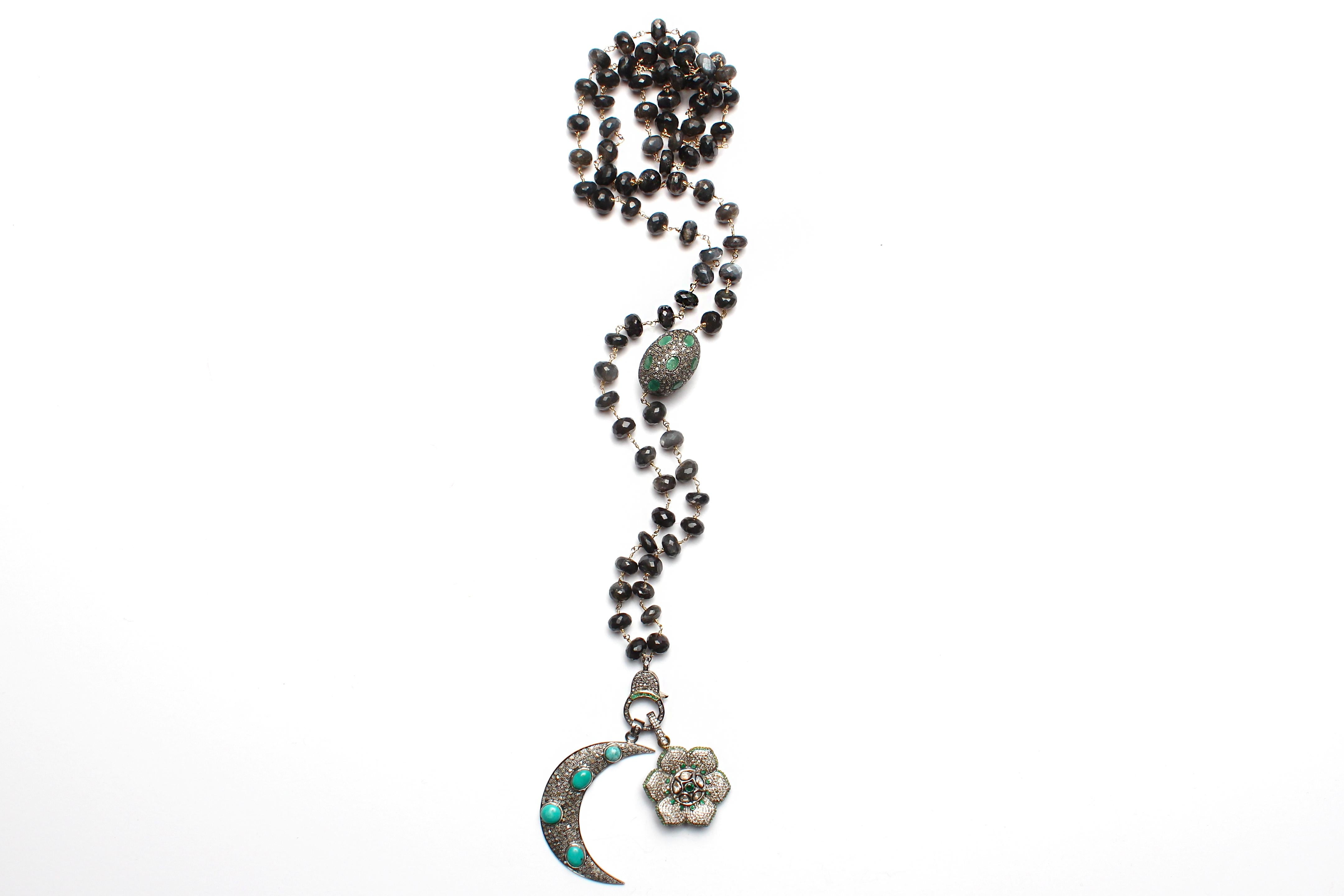 Clarissa Bronfman Turquoise Emerald Moon Flower Charms Tourmaline Emerald Rosary In New Condition In New York, NY