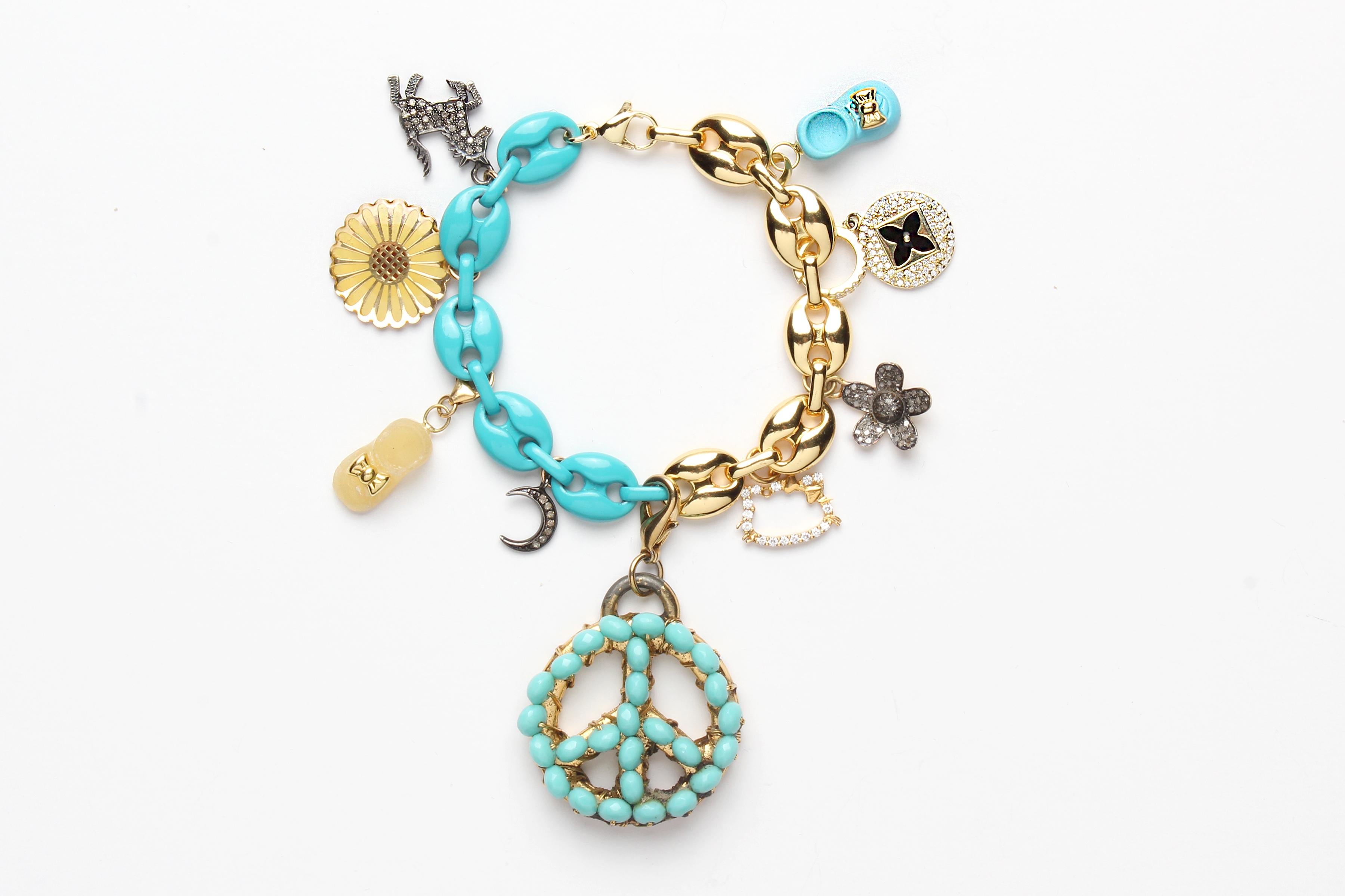 Contemporain ClariSSA BRONFMAN Bracelet à maillons nautiques en or, émail, turquoise et diamants en vente